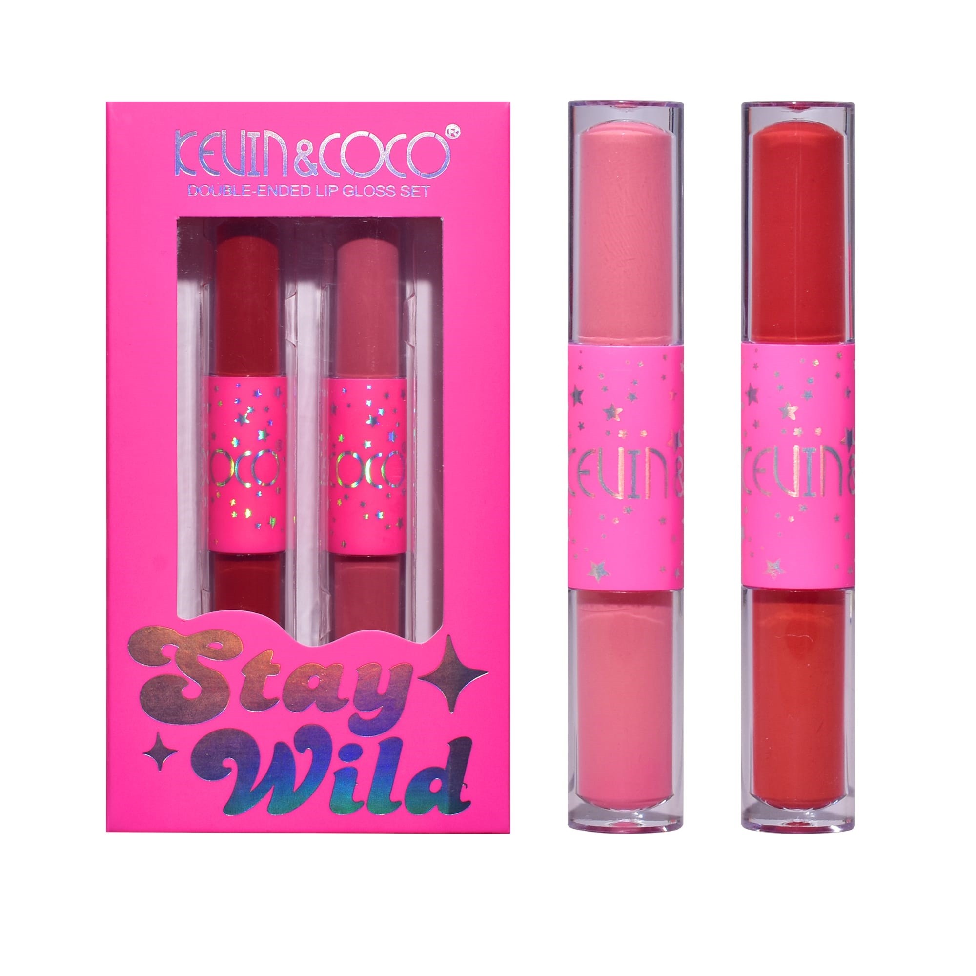 Palete Farduri si Truse Make-Up - Set de Buze, KEVIN & COCO, Stay Wild 4 Culori, 2 Gloss-uri si 2 Rujuri Mate, 15.1 x 8.1 x 2cm, Roz/Rosu