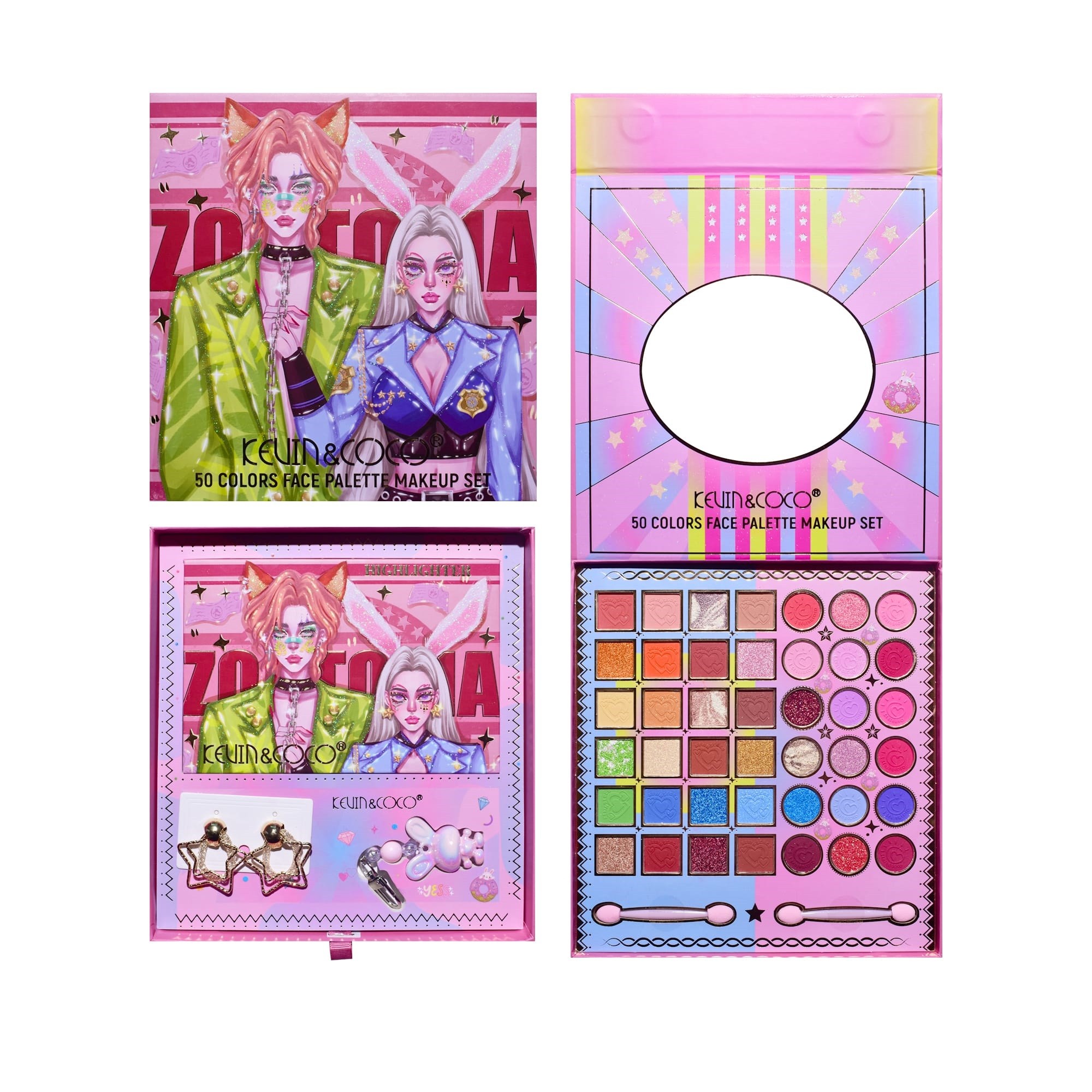 ✨TOATE PRODUSELE✨ - Paleta de Machiaj, KEVIN & COCO, Best Partner, Fard de Pleoape, Breloc si Cercei, 50 culori, 22 x 21 x 5cm