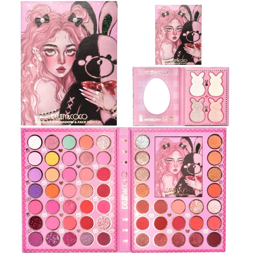 Palete Farduri si Truse Make-Up - Set farduri 2 in 1 Kevin&Coco, paleta 62 nuante, mini paleta iluminator tip carte, rezistenta ridicata, 22 x 17 cm, 430 g, multicolor