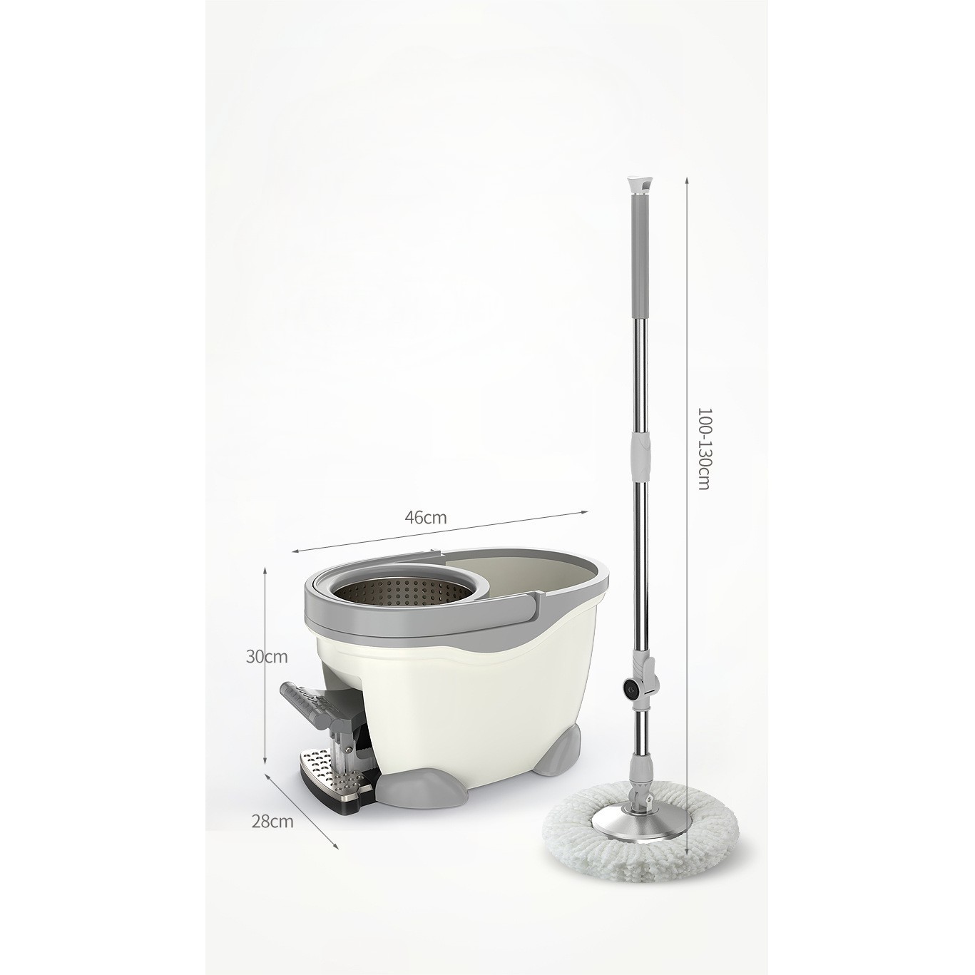 Set Galeata cu Pedala si Mop Rotativ 360°, , Cu Actiune Centrifuga x4, Pentru Uz Casnic, Maner din Otel Inoxidabil Telescopic, 2 Capte din Bumbac, 46x30x28 cm, Alb Ivoir [7]