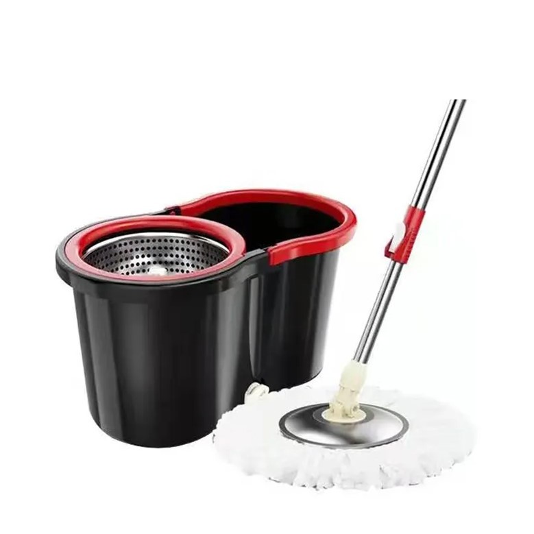 Maturi, Perii, Mopuri si Galeti - Set mop rotativ cu galeata , material plastic si microfibra, rezistent, cu dop scurgere, vas detasabil, pentru interior, capacitate 8 l, negru/rosu