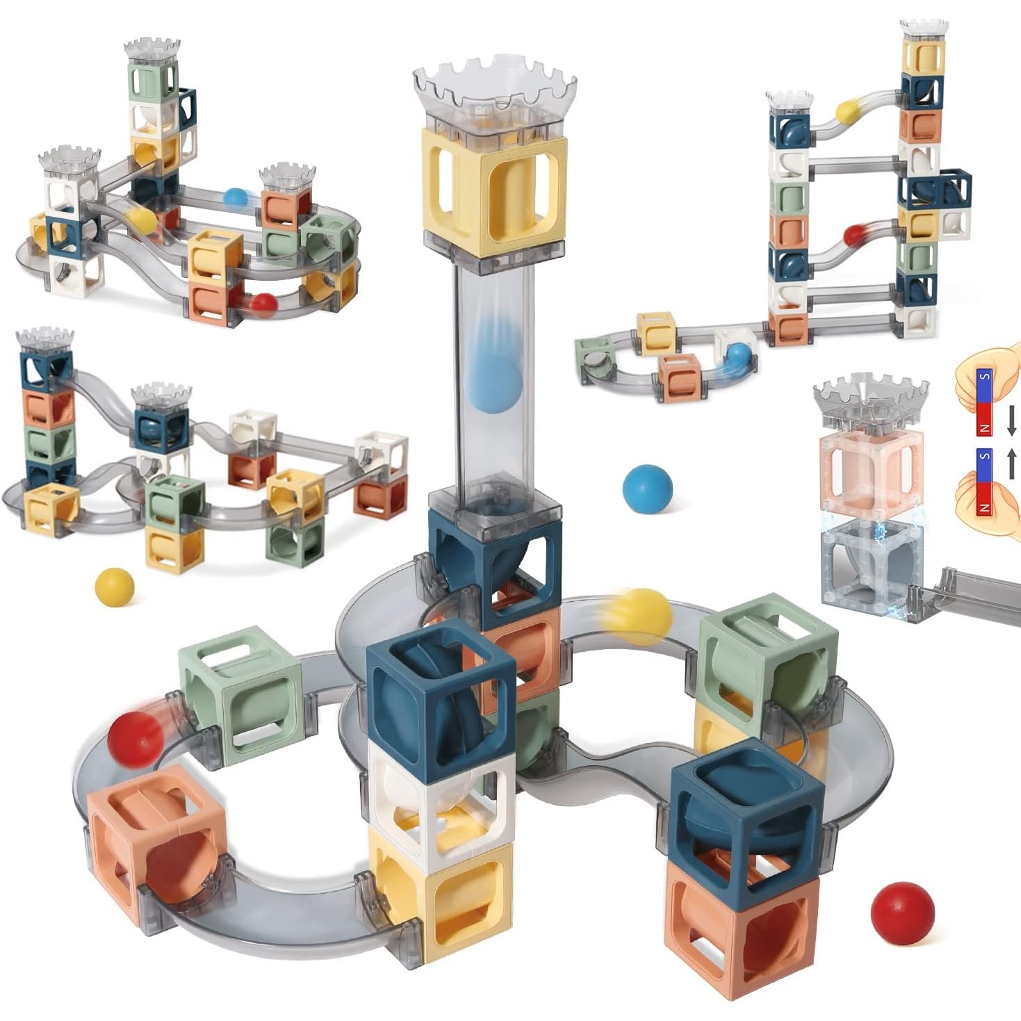 Jucarii si Jocuri - Set piese magnetice de constructie, , Cu tobogane si bile, 41 piese, Multicolor
