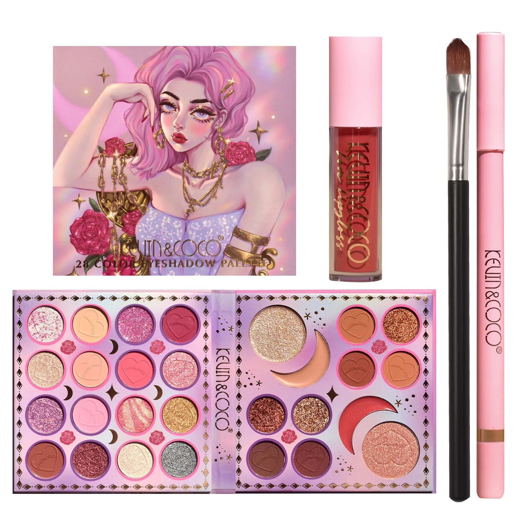 ✨TOATE PRODUSELE✨ - Set Produse de Machiaj, Kevin & Coco, 28 Culori, Fard de Ochi, Ruj, Pensula si Creion