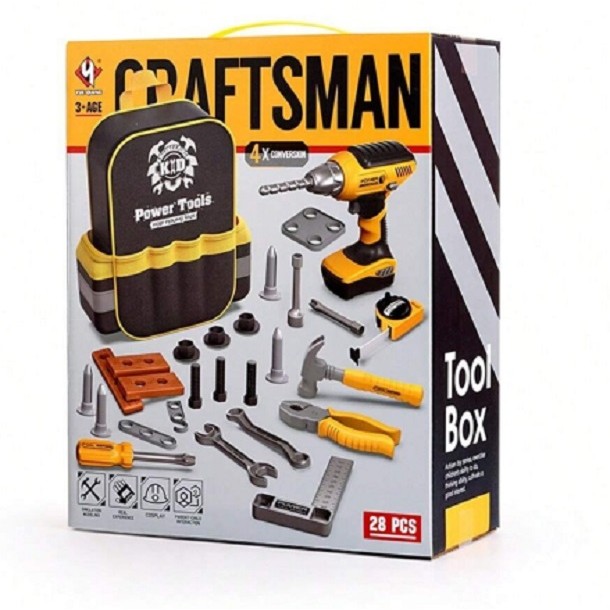 ✨TOATE PRODUSELE✨ - Set Scule de Jucarie pentru Copii, , Ghiozdan cu Bormasina si Accesorii Incluse, 28 Piese, Material Plastic Durabil, Interactiv, +3 Ani, 30.5x25x11 cm, Negru/Portocaliu