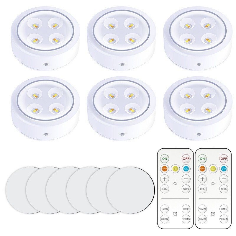 Corpuri de iluminat - Set de 6 Lampi Led , Fara Fir, Cu Baterii, 3 Culori de Lumina, cu 2 Telecomenzi, din Plastic, Alb