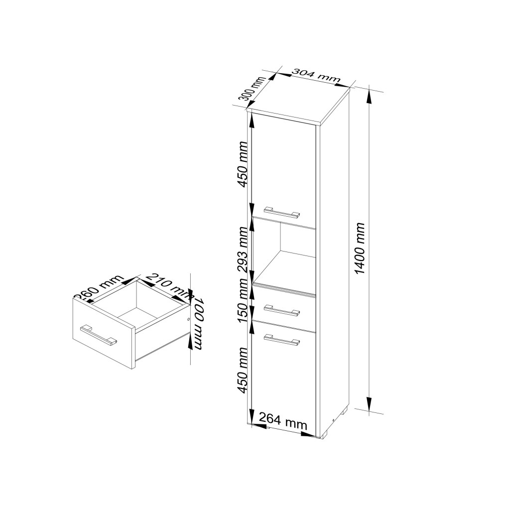 Dulap baie tip coloana cu 2 usi, 1 sertar si rafturi interioare, PAL laminat, 30x30x140 cm, alb si gri [3]