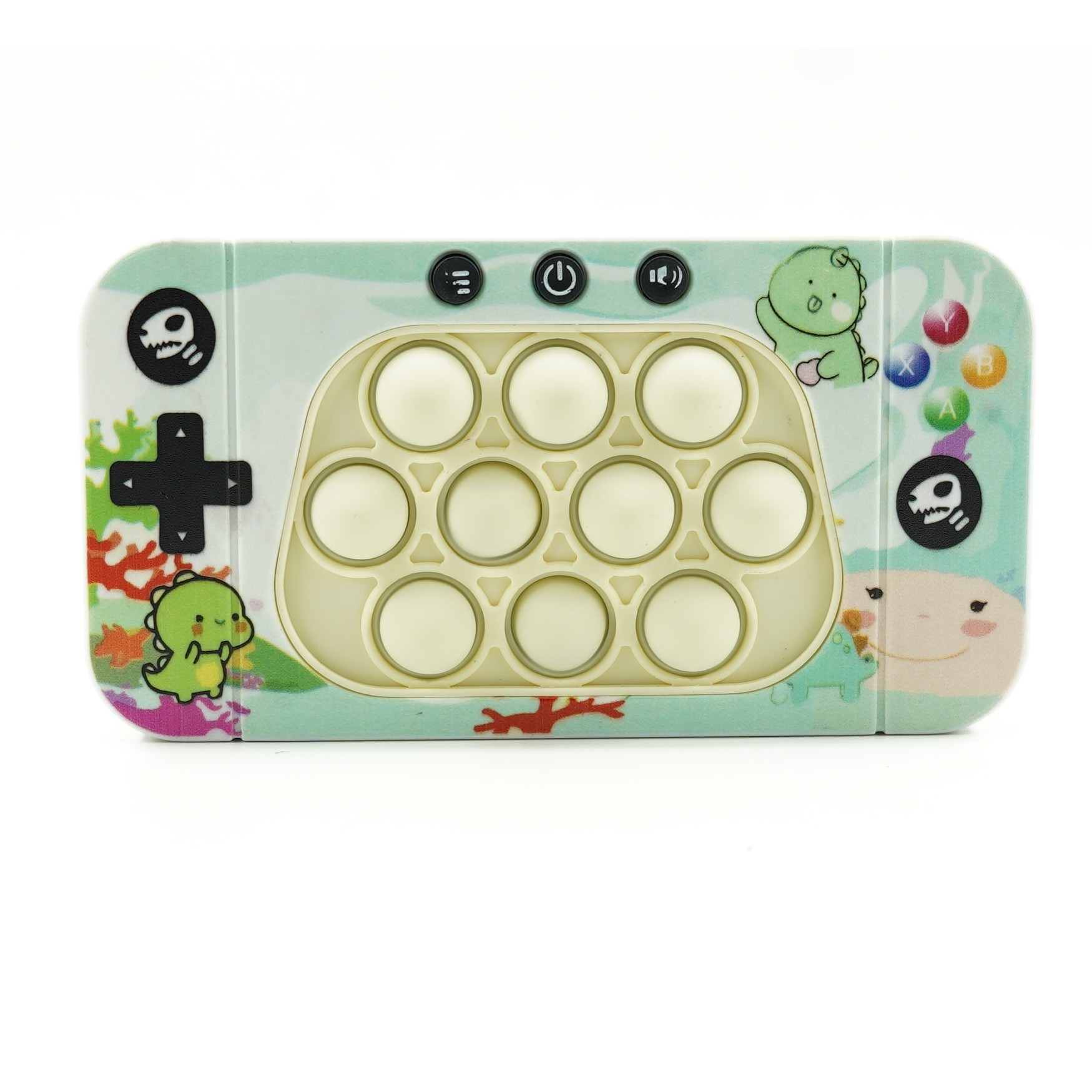 Console - Jucarie interactiva tip consola pentru copii , speed push whack-a-mole, joc de viteza pop it, material ABS/silicon, cu nivele, sunete si lumini, 15.5 x 7.6 x 5.3 cm, model dinozaur, verde