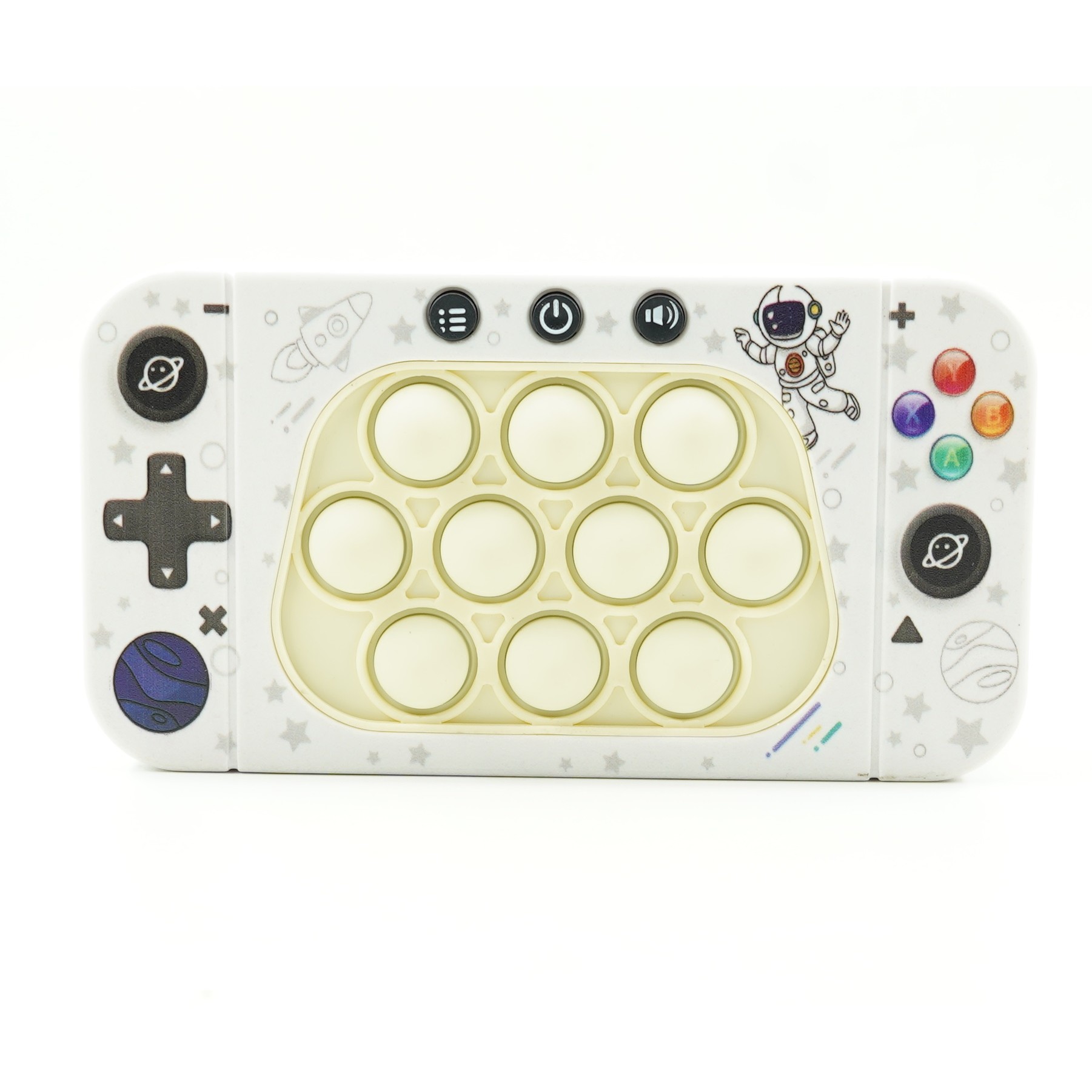 Console - Jucarie interactiva tip consola pentru copii , speed push whack-a-mole, joc de viteza pop it, material ABS/silicon, cu nivele, sunete si lumini, 15.5 x 7.6 x 5.3 cm, model astronaut, alb