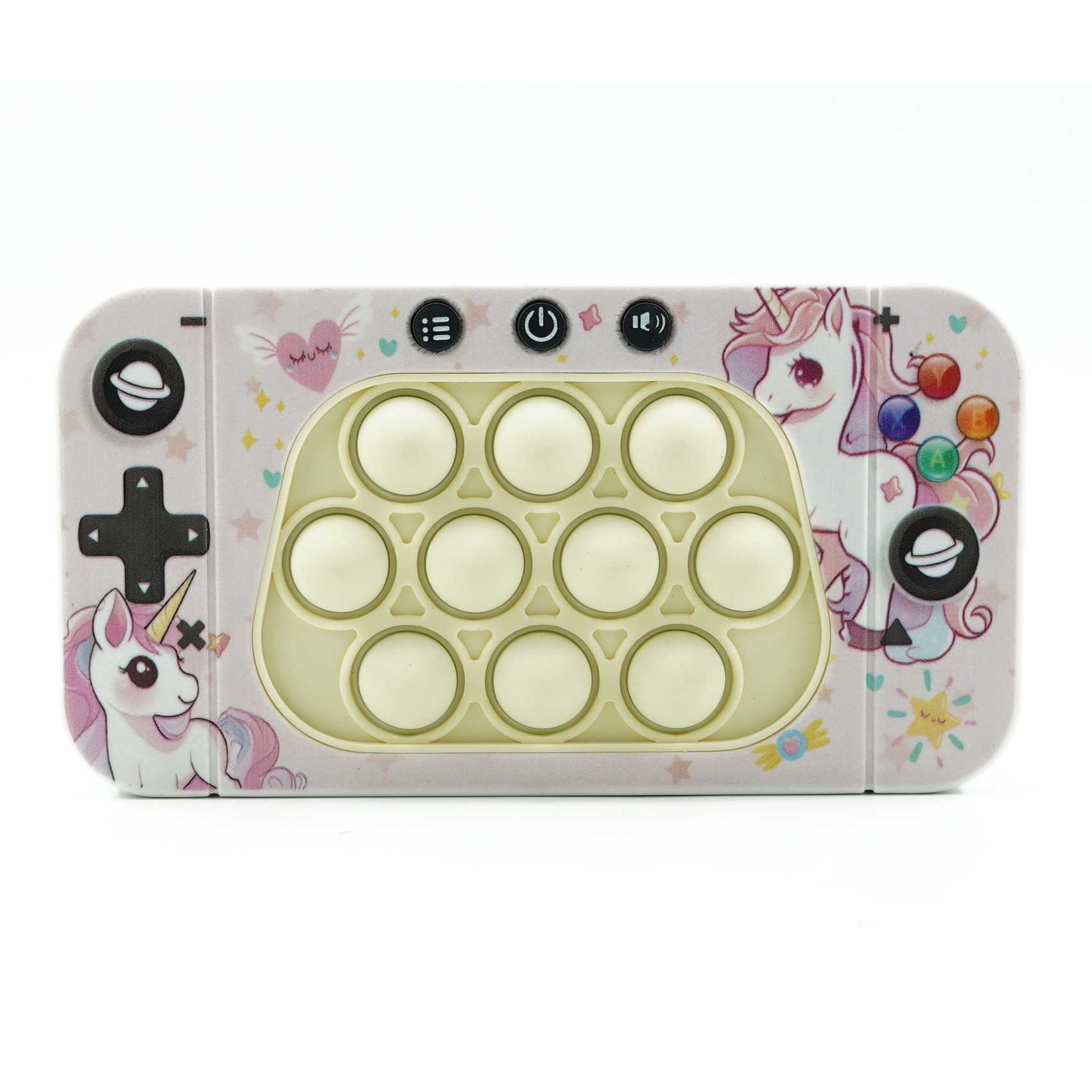 Console - Jucarie interactiva tip consola pentru copii , speed push whack-a-mole, joc de viteza pop it, material ABS/silicon, cu nivele, sunete si lumini, 15.5 x 7.6 x 5.3 cm, model unicorn, roz