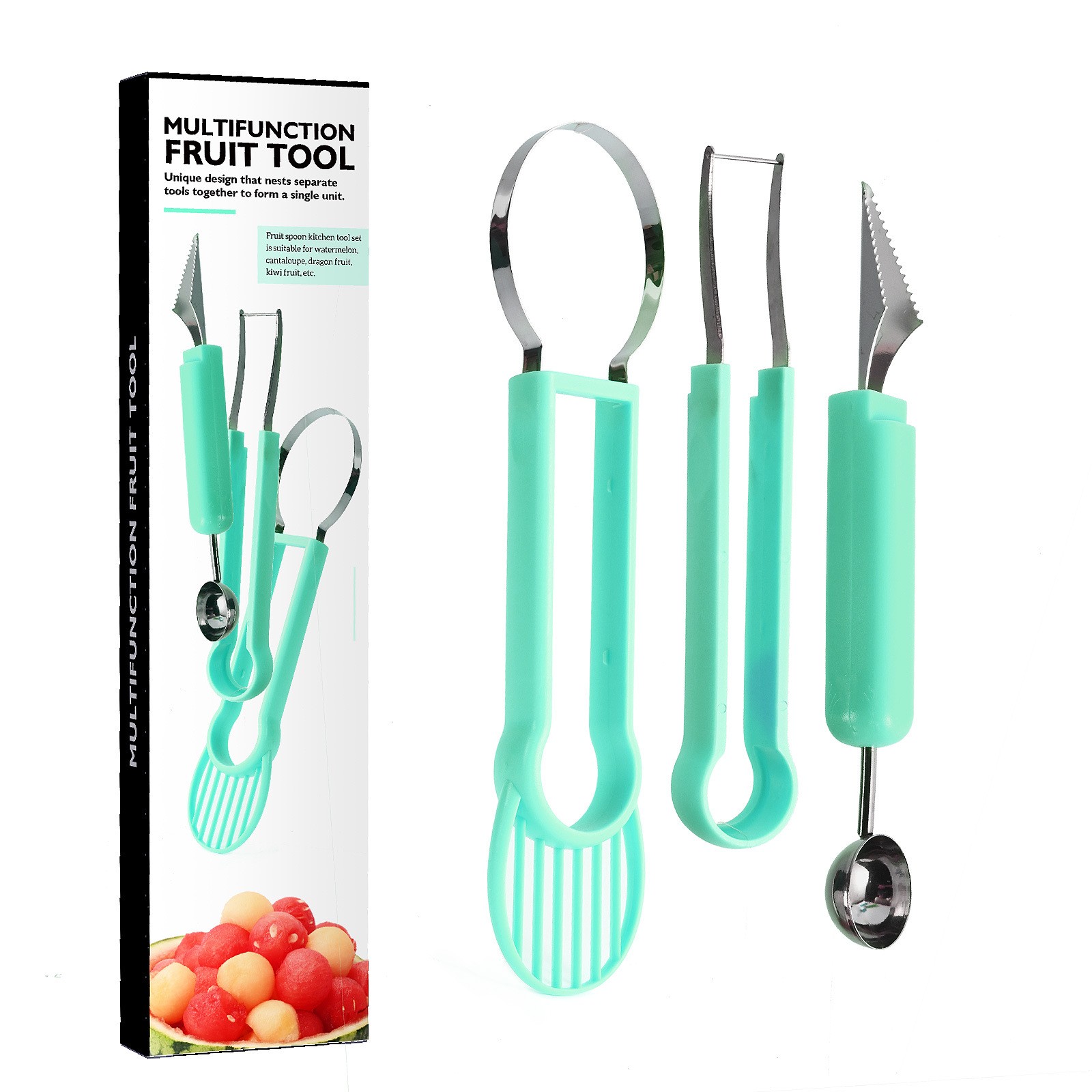 ✨TOATE PRODUSELE✨ - Ustensila bucatarie 4 in 1 pentru taiat si decorat fructe , material inox si plastic, compact, 28x6.2 cm, verde