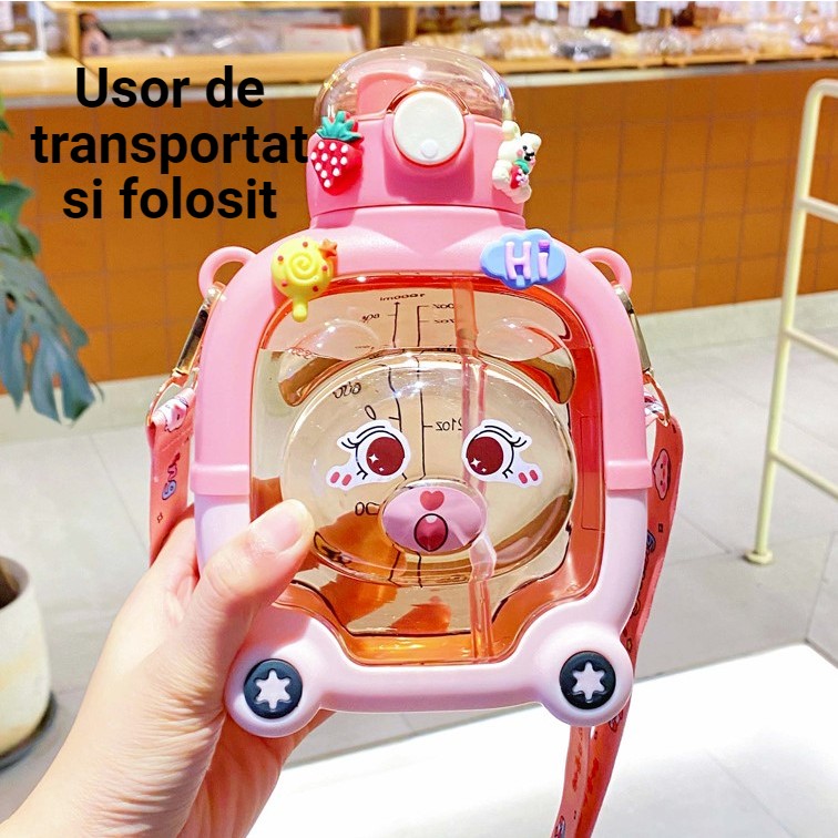 Sticla cu pai pentru copii, , model ursulet, gradata, stickere aplicate, curea reglabila, din plastic rezistent la cadere, 1l, Roz, 20 x 13 cm [7]