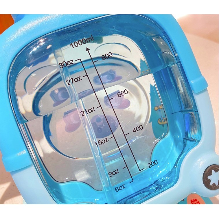 Sticla cu pai pentru copii, , model ursulet, gradata, stickere aplicate, curea reglabila, din plastic rezistent la cadere, 1l, Albastru, 20 x 13 cm [3]