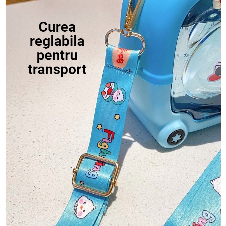 Sticla cu pai pentru copii, , model ursulet, gradata, stickere aplicate, curea reglabila, din plastic rezistent la cadere, 1l, Albastru, 20 x 13 cm [2]