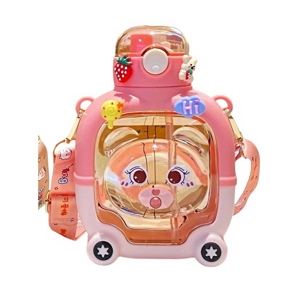 Pahare, Sticle si Cani - Sticla cu pai pentru copii, , model ursulet, gradata, stickere aplicate, curea reglabila, din plastic rezistent la cadere, 1l, Roz, 20 x 13 cm