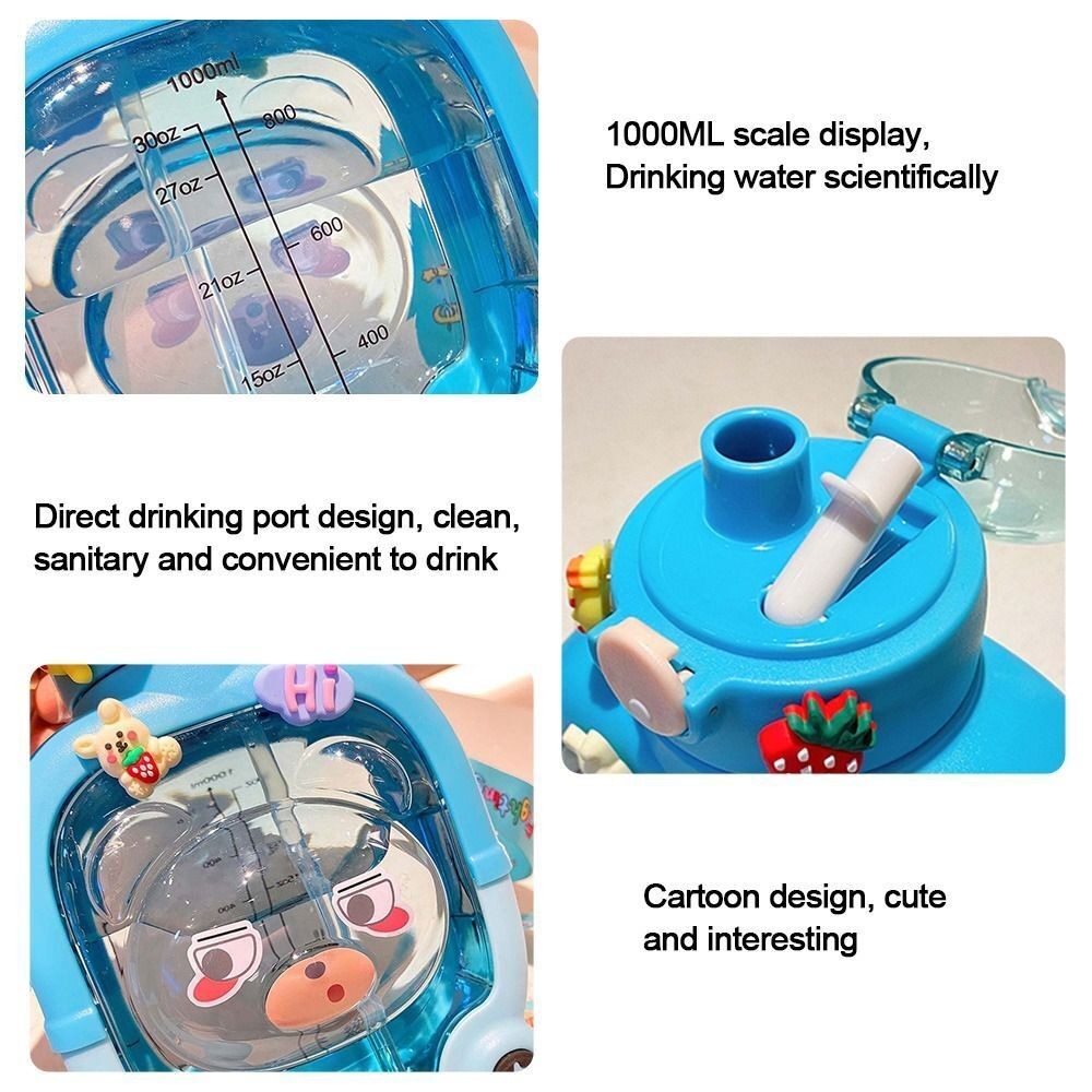 Sticla cu pai pentru copii, , model ursulet, gradata, stickere aplicate, curea reglabila, din plastic rezistent la cadere, 1l, Albastru, 20 x 13 cm [5]