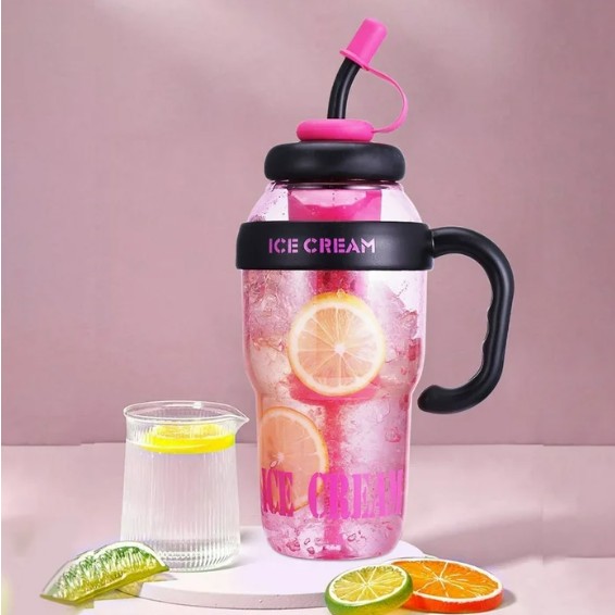 Sticla de Apa, , Termica, Mentinere 6 Ore, 1400 mL, cu Pai si Capac, PP si Silicon, cu Maner Negru, 25.5x7.5 cm, Roz [10]