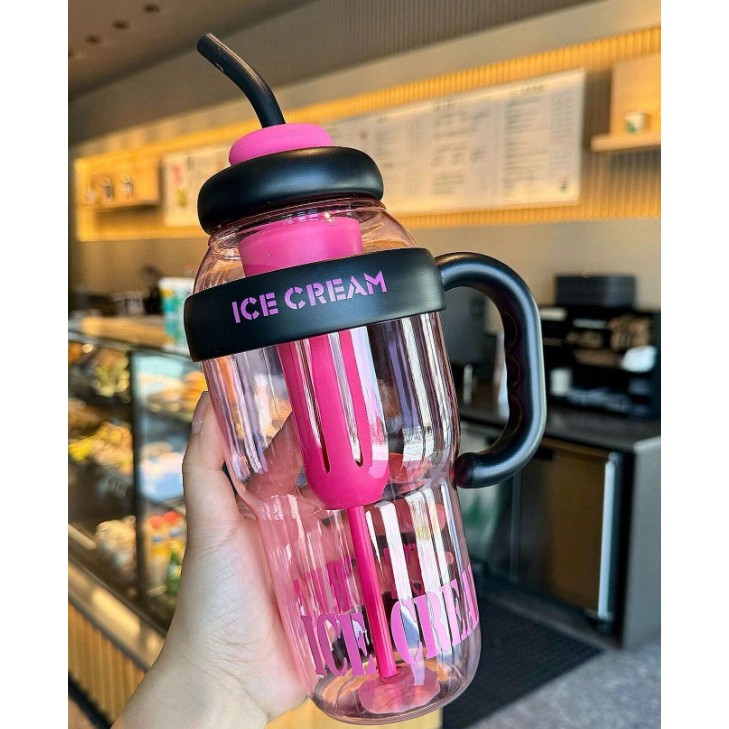 Sticla de Apa, , Termica, Mentinere 6 Ore, 1400 mL, cu Pai si Capac, PP si Silicon, cu Maner Negru, 25.5x7.5 cm, Roz [3]