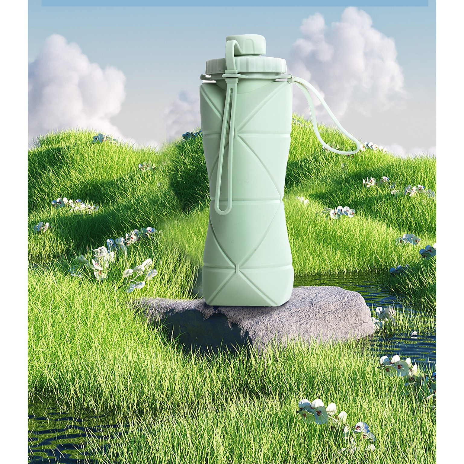 Sticla de apa pliabila , din silicon,reutilizabila, rezistenta la temepreturi ridiate, usor de depozitat si carat, 22 x 7.8 cm, 600 ml, verde [8]