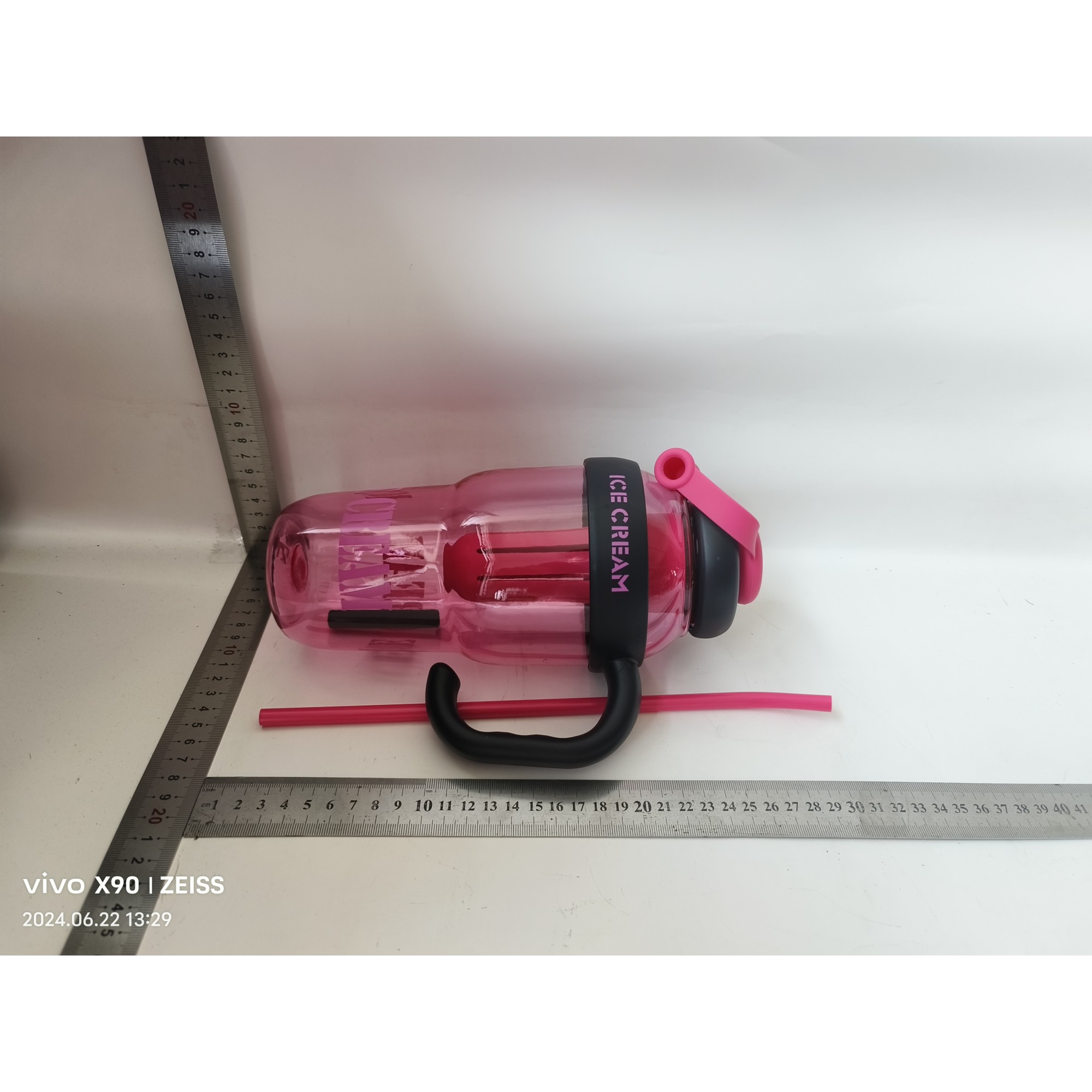 Sticla de Apa, , Termica, Mentinere 6 Ore, 1400 mL, cu Pai si Capac, PP si Silicon, cu Maner Negru, 25.5x7.5 cm, Roz [2]