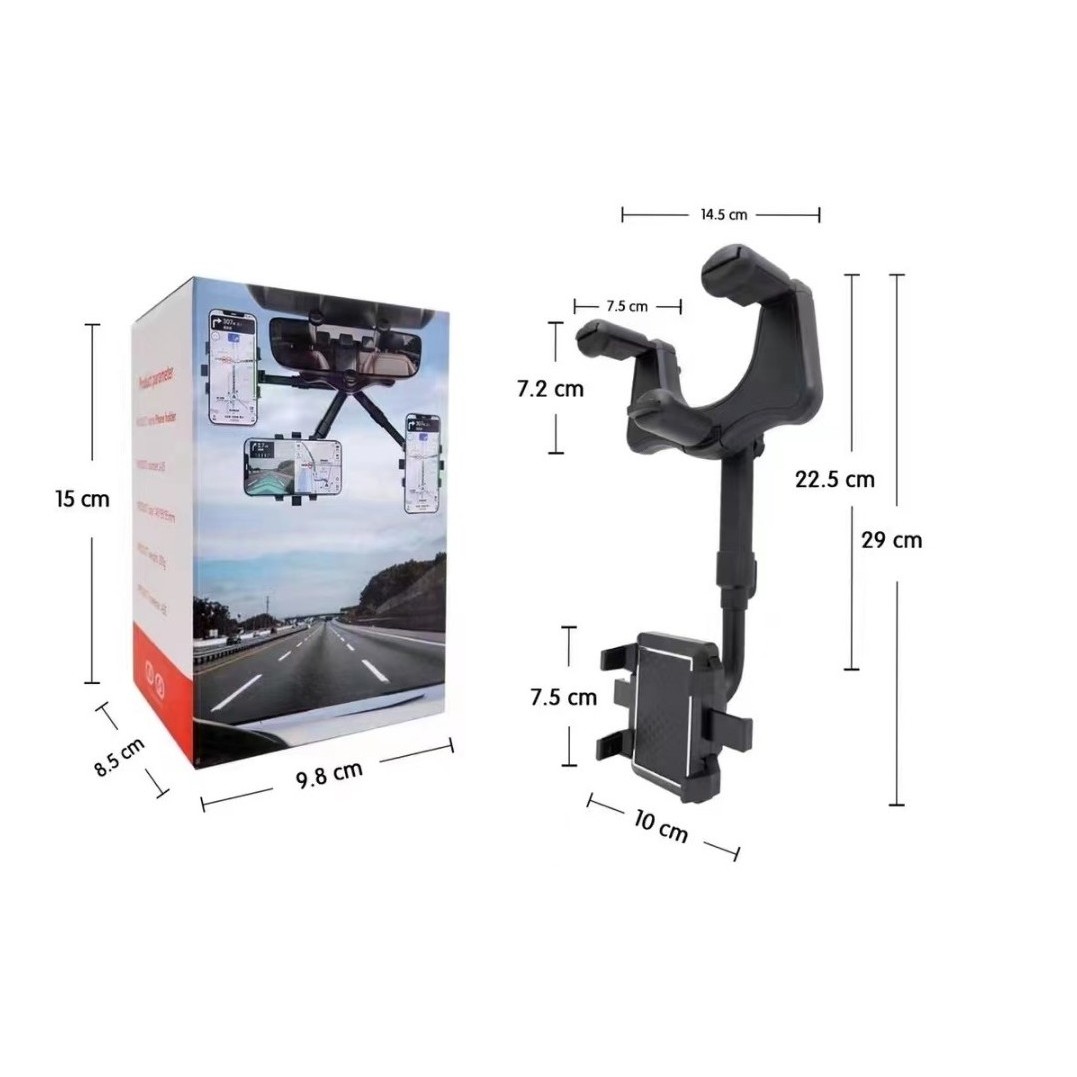 Suport auto cu atasare la oglinda retrovizoare, model Y611, rotativ 360 de grade și retractabil, multifuncțional, compatibil cu toate telefoanele mobile, Negru [2]
