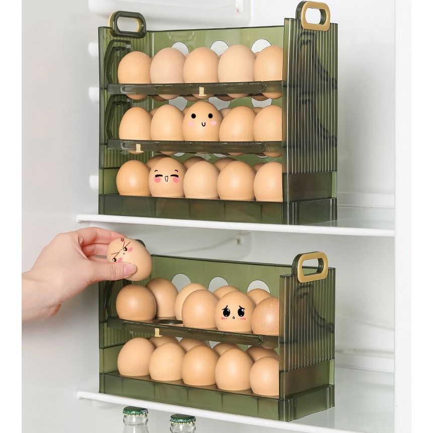 Suport Organizator pentru Oua, , pentru Frigider, Verde transparent, Capacitate 30 oua, Trei straturi, cu Data de Expirare, 25.5x10x23 cm [6]