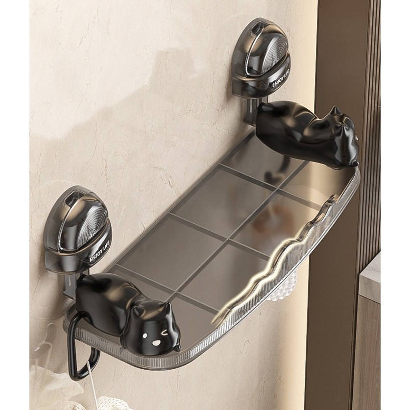 Suport pentru Baie, , Montare pe Perete, Model Pisicute, ABS, Adeziv, Raft pentru Depozitare, 33.4x17.7 cm, Negru [6]