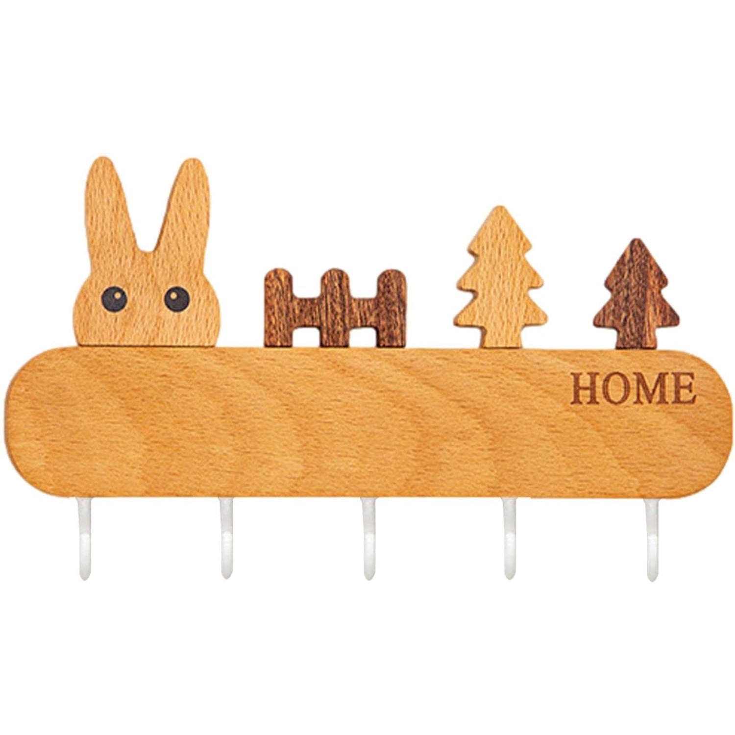✨TOATE PRODUSELE✨ - Suport pentru Chei, , din Lemn, Aplicare fara Perforare, Adeziv Inclus, 5 Carlige Albe, Model Iepure, Greutate Suportata 5 kg, 13.5 x 22 cm, Maro