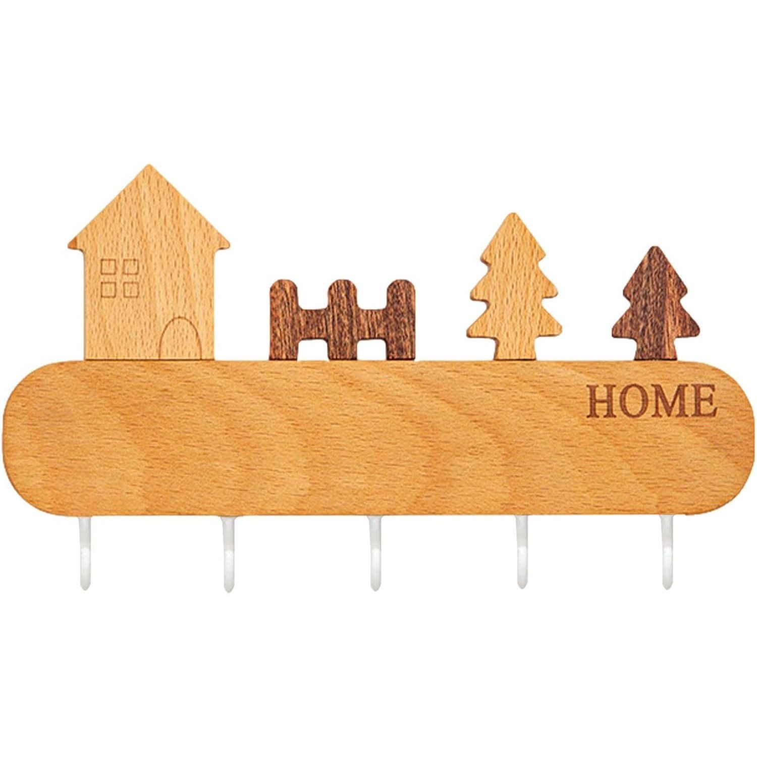 ✨TOATE PRODUSELE✨ - Suport pentru Chei, , din Lemn, Aplicare fara Perforare, Adeziv Inclus, 5 Carlige Albe, Model Casuta, Greutate Suportata 5 kg, 13.5 x 23 cm, Maro