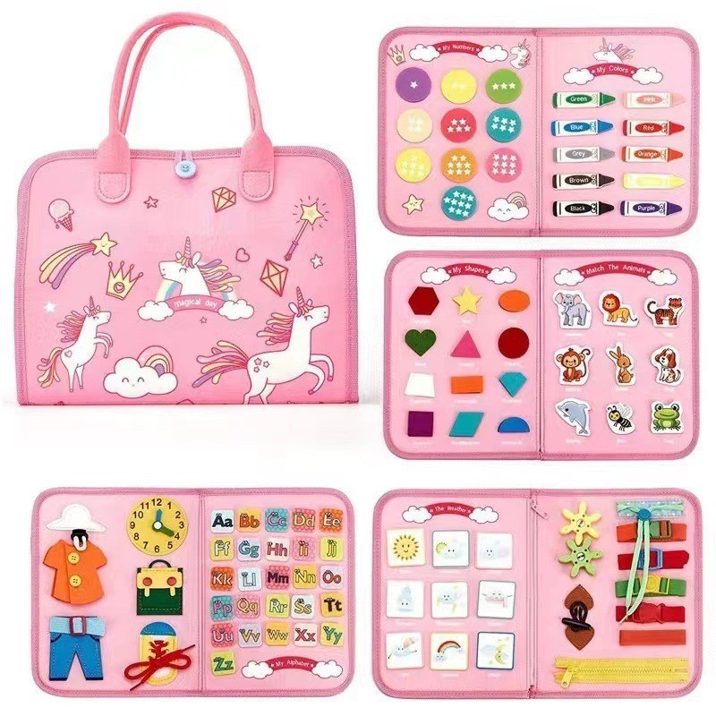 ✨TOATE PRODUSELE✨ - Carte Senzoriala Educativa Montessori, , Dezvoltare Abilitati Motorii, 5 Pagini, Model Unicorni, 28x22x7 cm, Roz