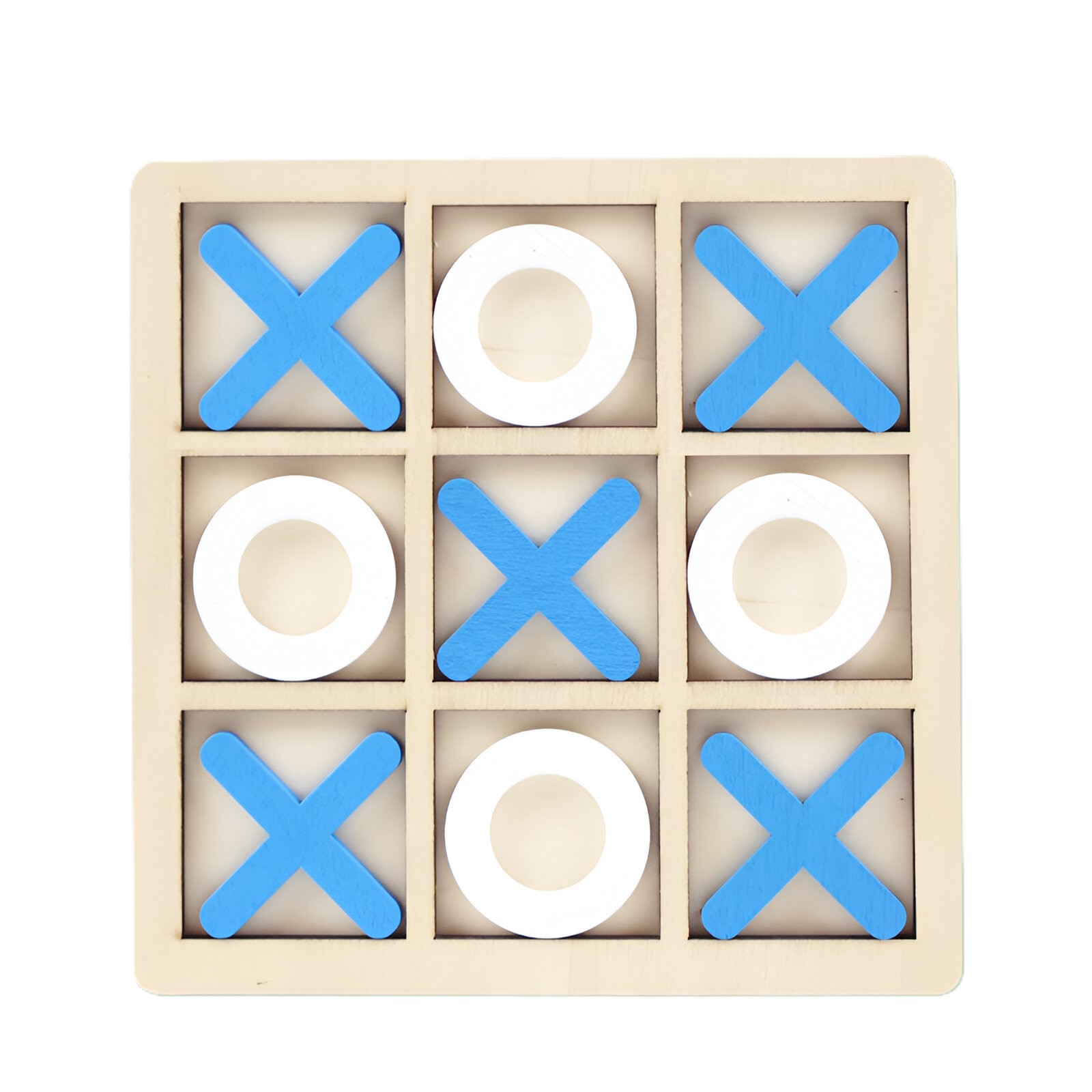 Jucarii din lemn - Jucarie Montessori Tic Tac Toe, , Educativa, Interactiva, din lemn, X si O, 9 Piese, 14.3x14.3 cm, Albastru Alb