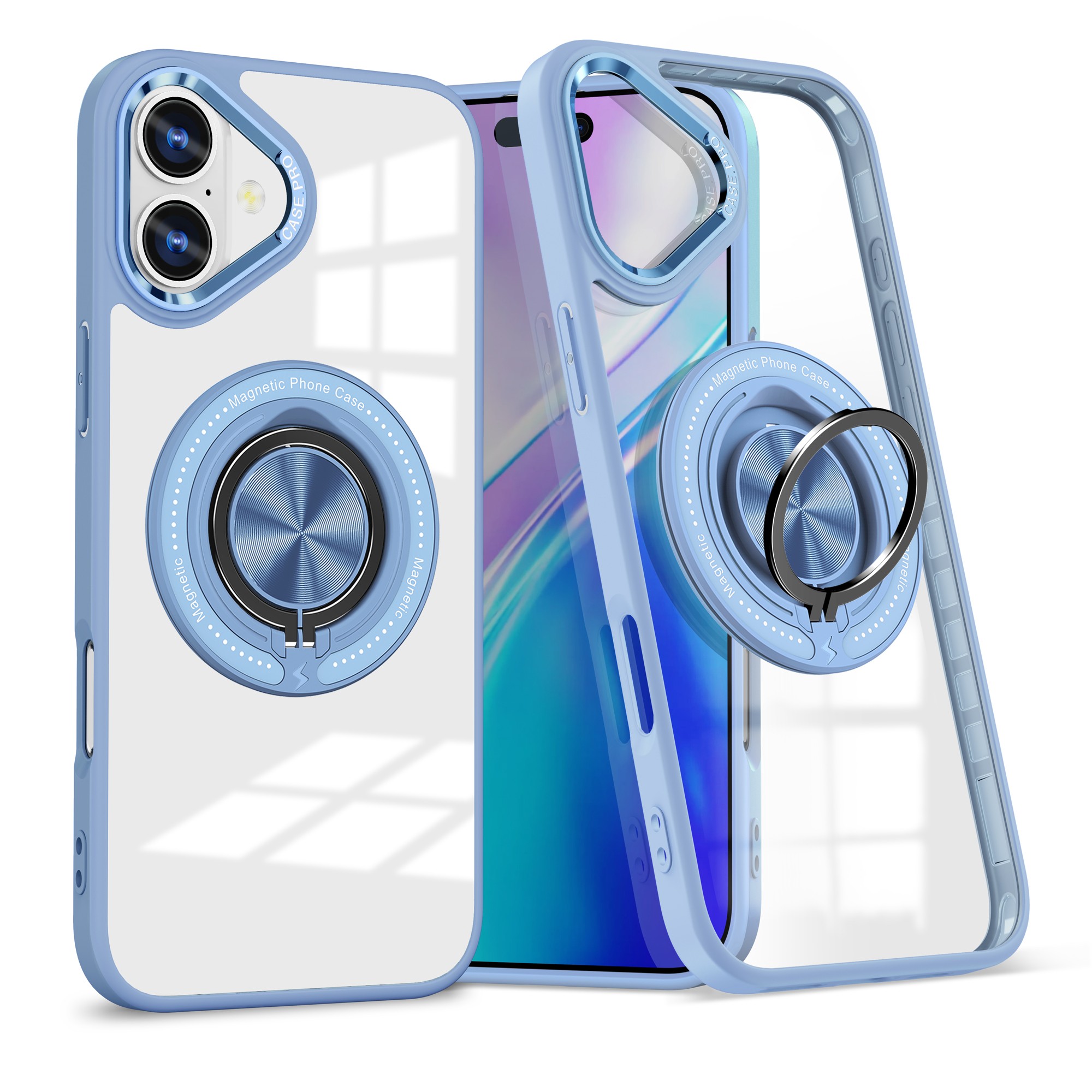 ✨TOATE PRODUSELE✨ - Husa de Protectie TPU, , pentru iPhone 16, Anticadere, cu Incarcare Wireless, Tehnologie Magsafe, Inel Magnetic Rotativ cu Functie de Suport, Transparent-Albastru Deschis