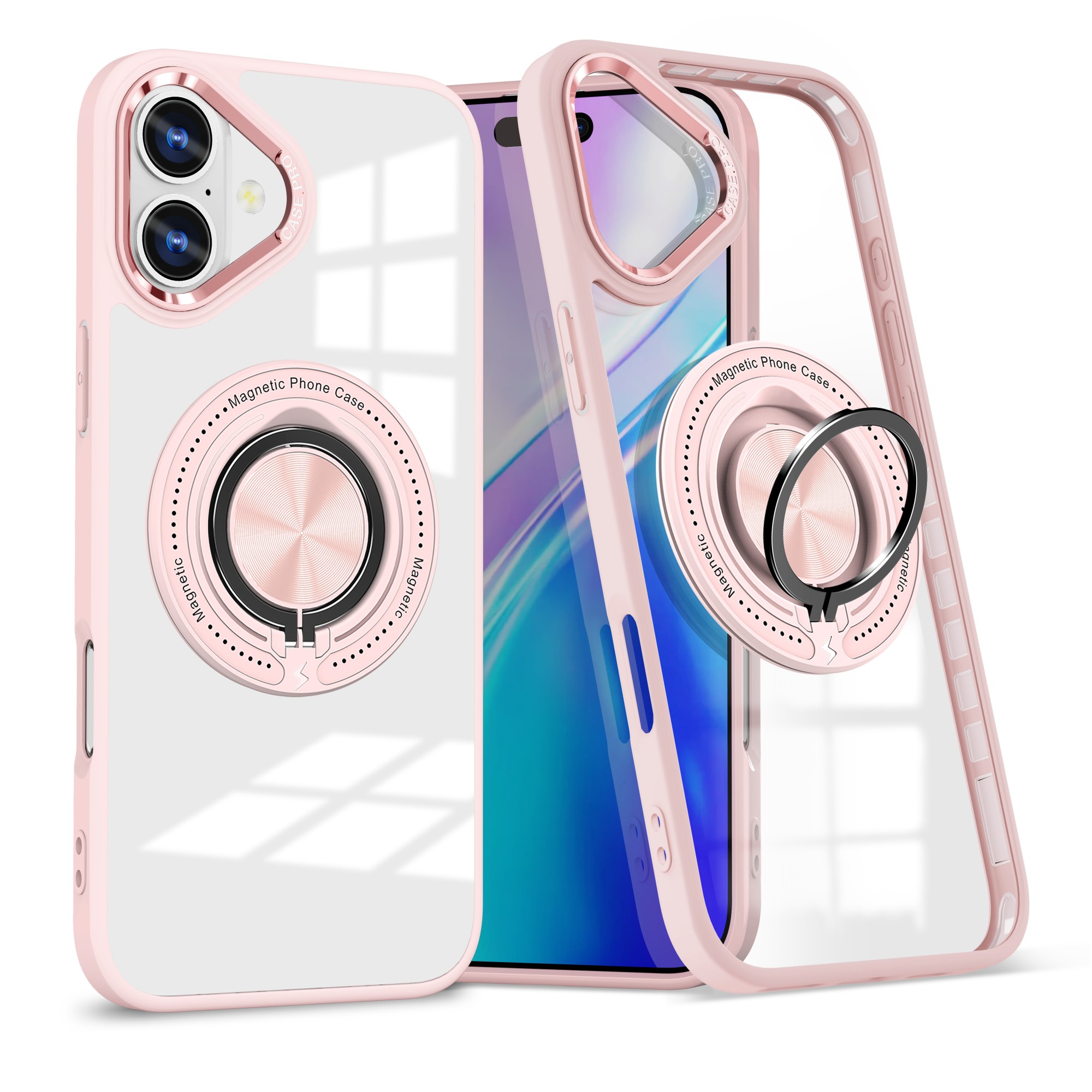 ✨TOATE PRODUSELE✨ - Husa de Protectie TPU, , pentru iPhone 16 Plus, Anticadere, cu Incarcare Wireless, Tehnologie Magsafe, Inel Magnetic Rotativ cu Functie de Suport, Transparent-Roz