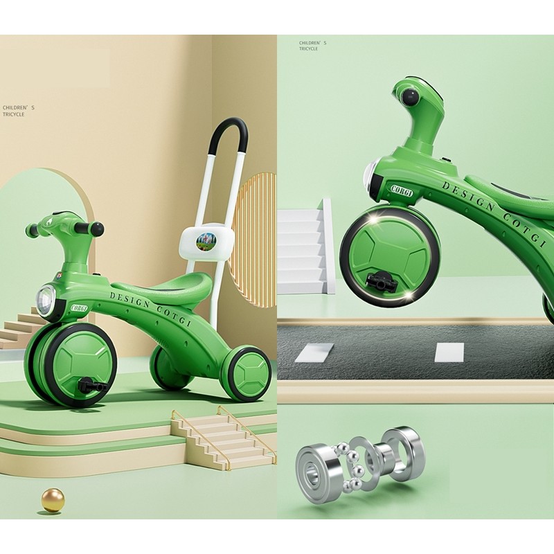 Tricicleta pentru copii , pedalare, impingere, lumini si sunete, pedale antiderapante, material dur, cos depozitare, varsta peste 18 luni, 80x40x52 cm, verde [2]