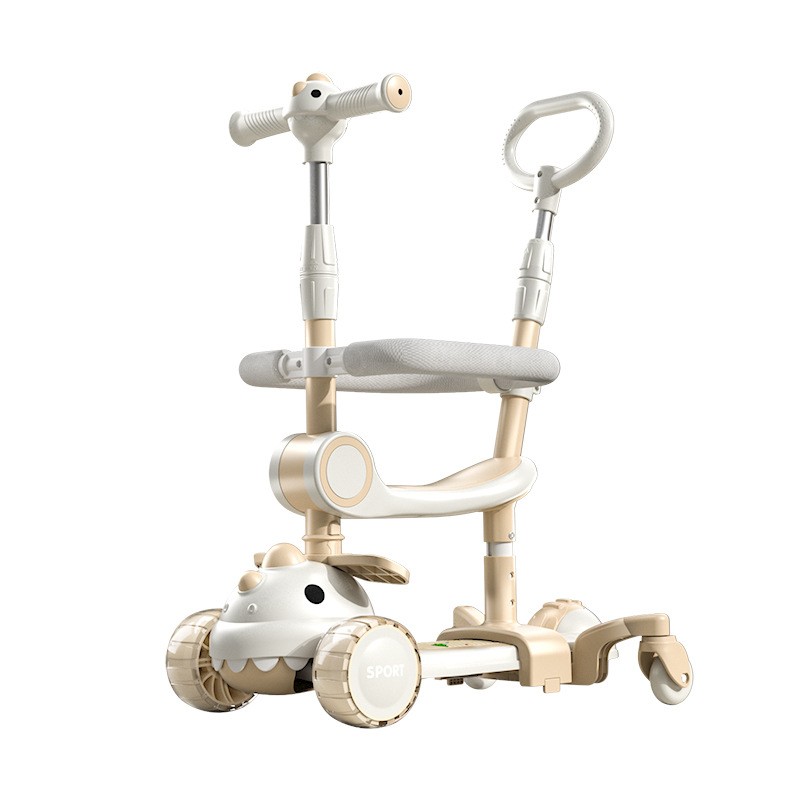 Trotineta Multifunctionala 6 in 1, , Pentru Copii De La 10 Luni Pana La 12 Ani, Cu Maner De Impingere, Reglabil 360, Pliere Usoara, Reglarea Inaltimii, Model Dinozaur, Alb/Bej [7]