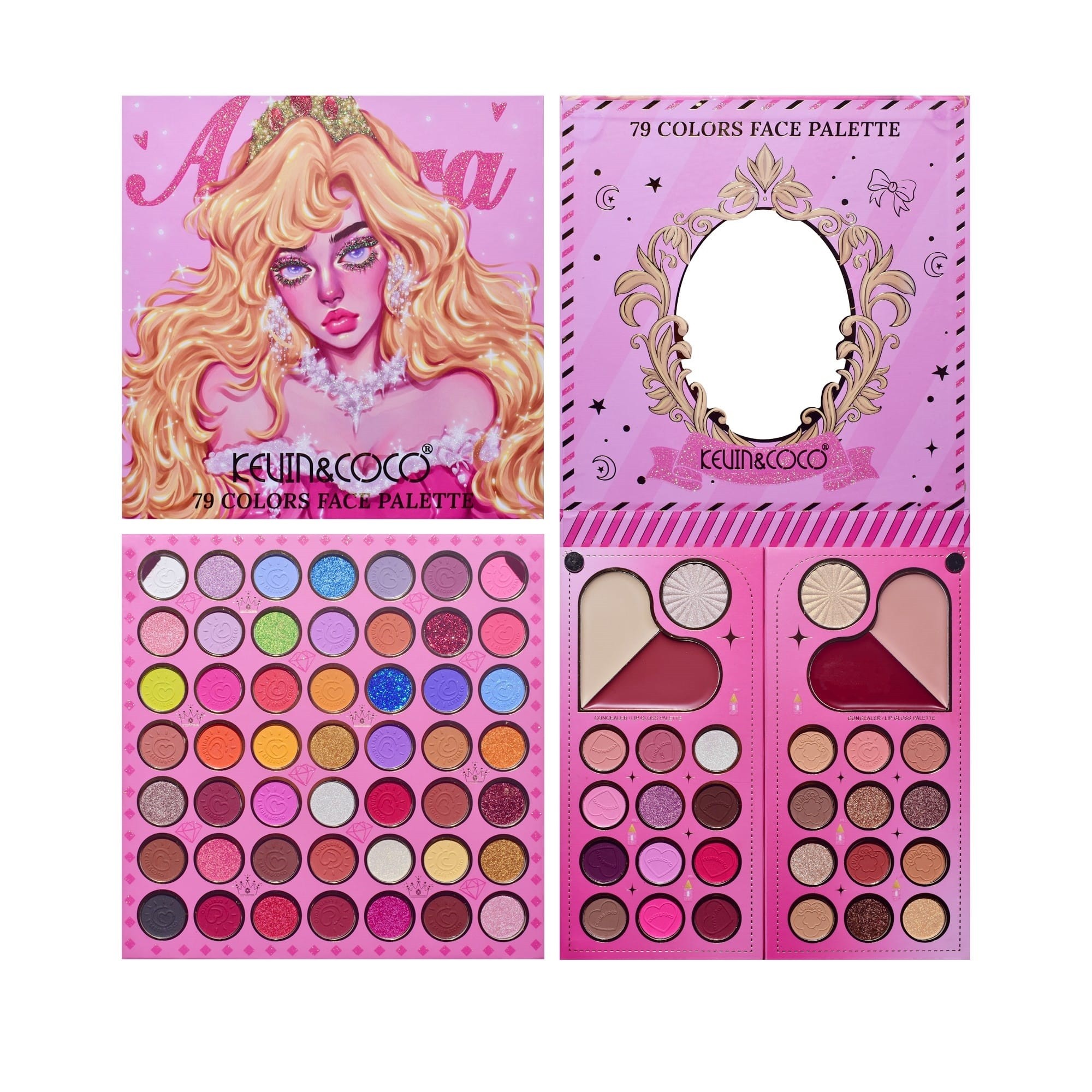✨TOATE PRODUSELE✨ - Trusa de Machiaj, KEVIN & COCO, Princess Palette. Fard de Pleoape, Iluminator, Corector, Ruj, 79 culori, 19.7 x 20 x 2 cm