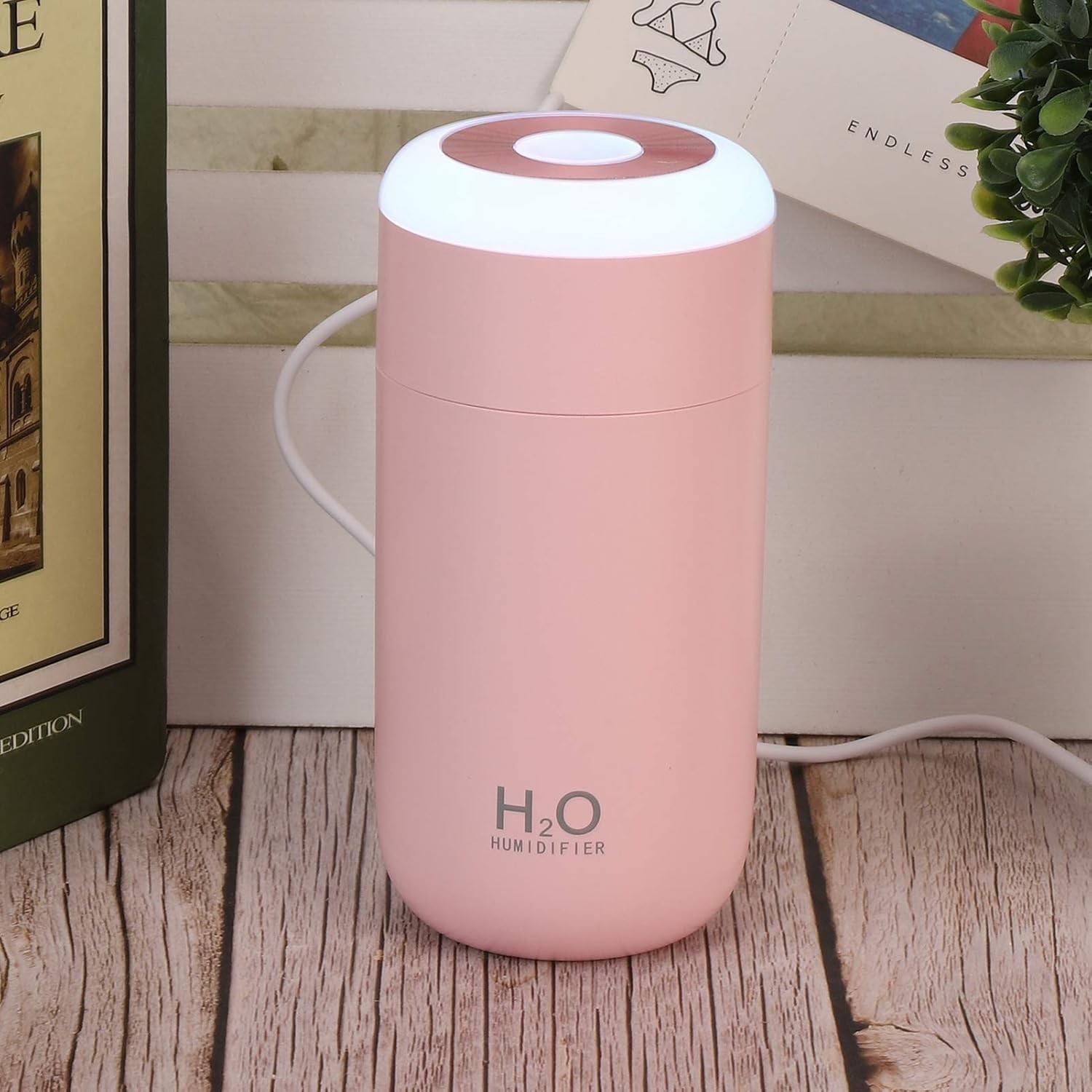 Umidificator, H2O, cu Difuzor de Aroma, Lumina de Noapte LED in 7 Culori, Zgomot Redus, 14.7x7.2cm, 350mL, Culoare Roz [9]