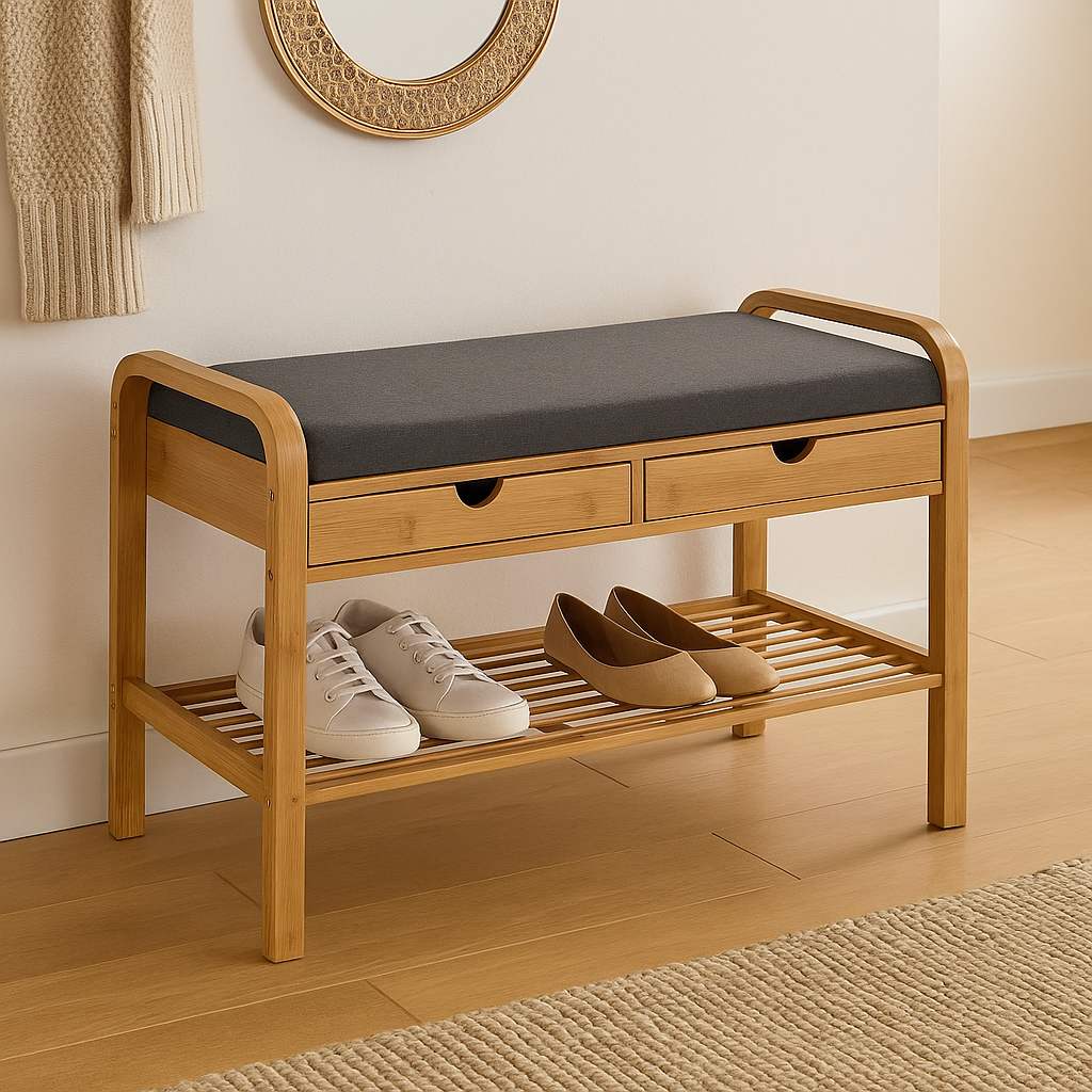 Banca suport pantofi 5Five cu 2 sertare, bambus, 74x34x55 cm, bej [5]