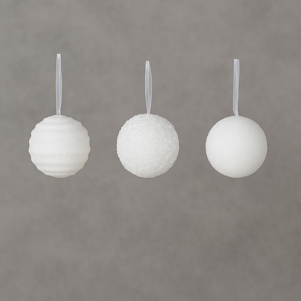 Set 12 globuri Craciun cu sclipici, 3 modele diferite, polistiren, diametru 8 cm, alb [2]