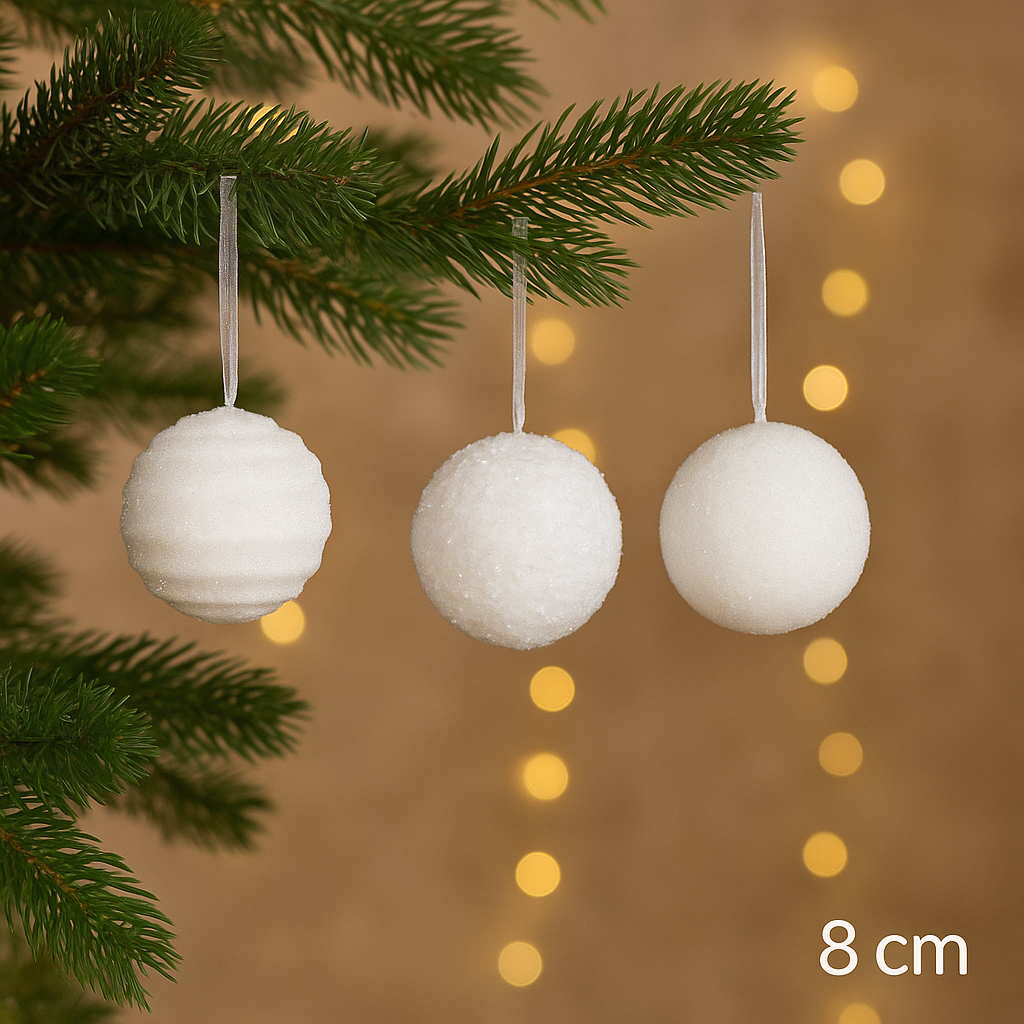 Set 12 globuri Craciun cu sclipici, 3 modele diferite, polistiren, diametru 8 cm, alb [4]