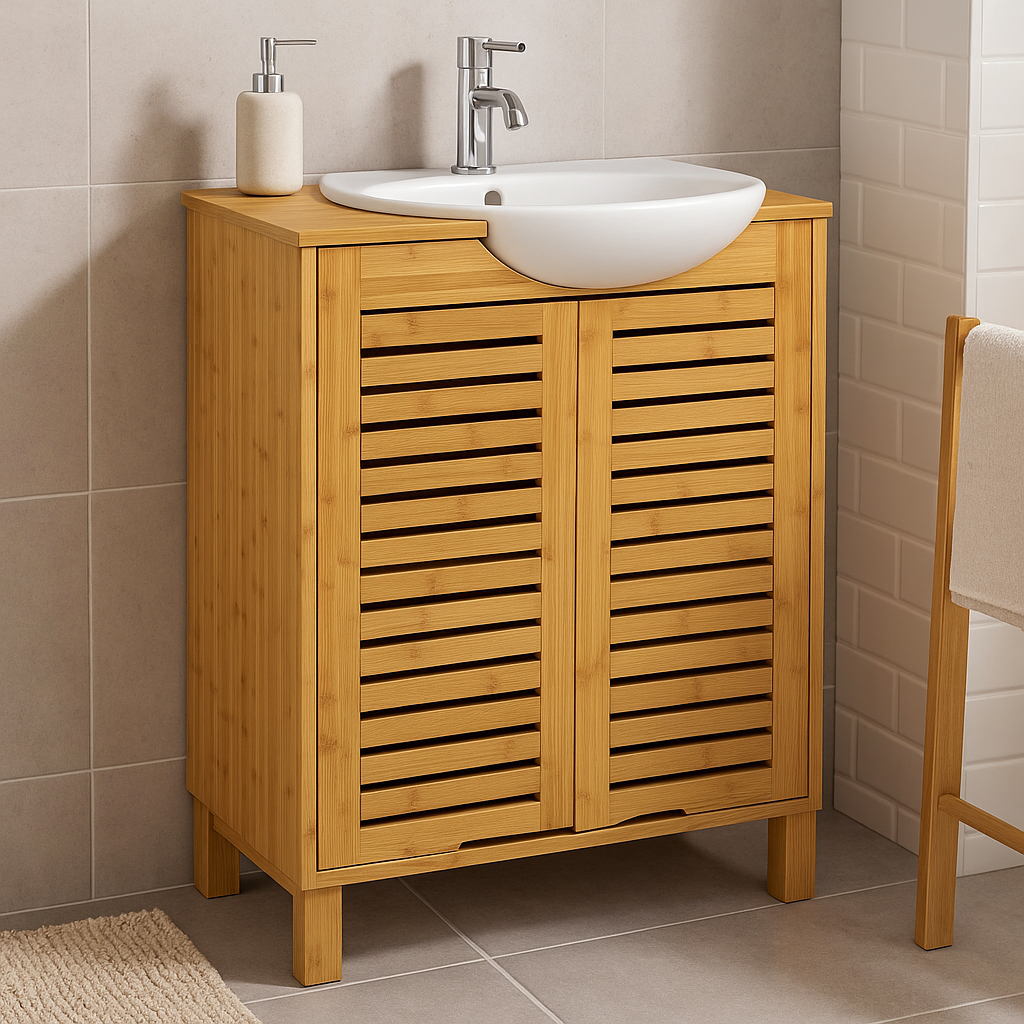 Dulap baie 5Five Sicela pentru lavoar, cu usi si rafturi, bambus si MDF, 60x28x80 cm, natur [6]