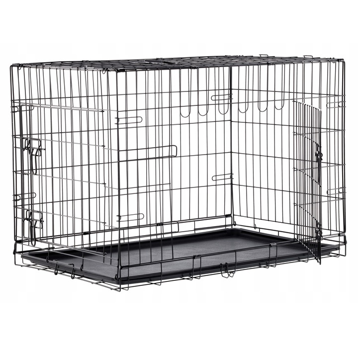 PET SHOP - Cusca metalica pliabila pentru animale, cu maner si tava detasabila, 107x69x76 cm, negru