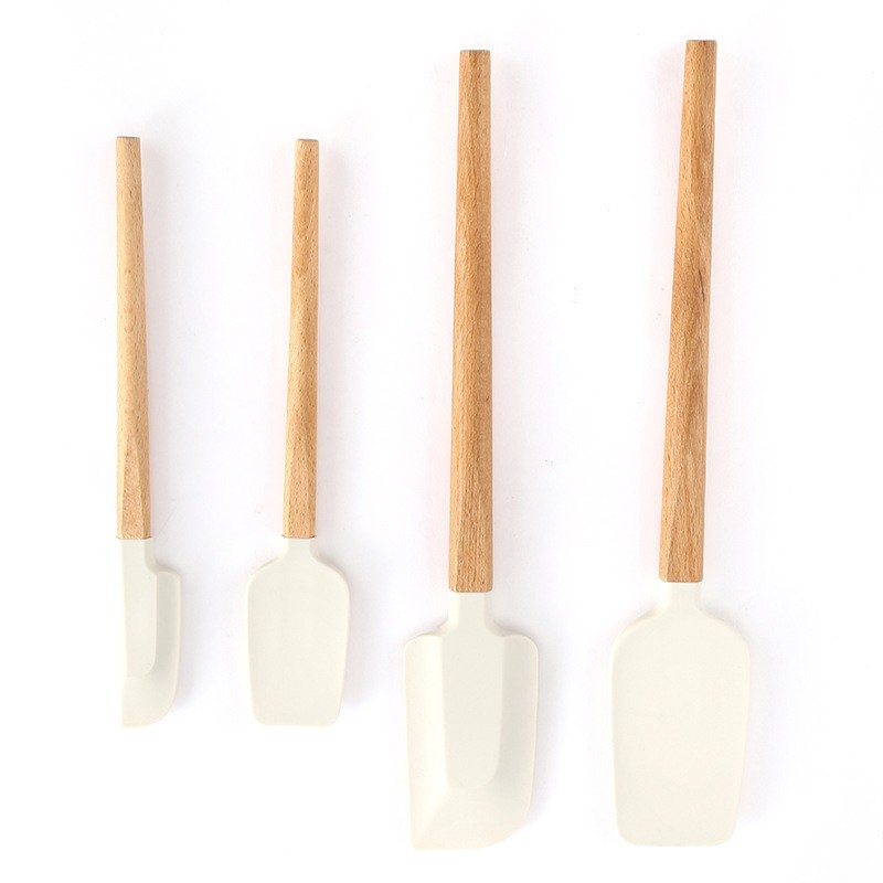 ✨TOATE PRODUSELE✨ - Ustensile de Bucatarie, , Set din 4 bucati, din Silicon si Lemn, Spatule de Diferite Dimensiuni, Termo rezistente, Antiaderente, Instrument de Amestecat in Bucatarie, Alb-Maro