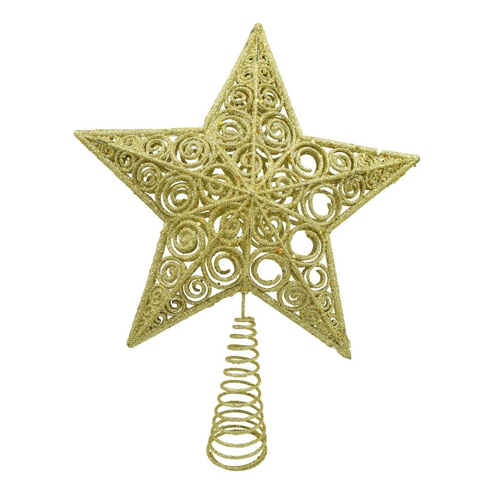 Varfuri Decorative - Varf decorativ de brad, Auriu, in forma de Stea, design spiralat, din Plastic/Metal, 29 cm x 38 cm, Interior/Exterior, 