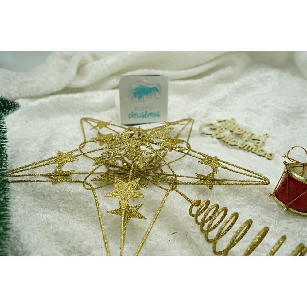 Varf decorativ de brad, Auriu, in forma de Stea, design de stele, din Plastic/Metal, 25 cm x 27 cm, Interior/Exterior,  [8]