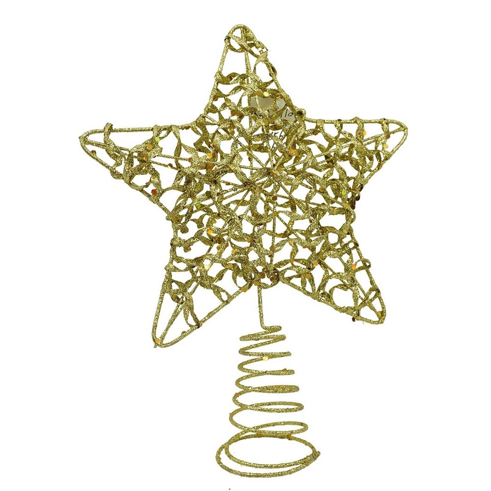 Varfuri Decorative - Varf decorativ de brad, Auriu, in forma de Stea, design cu paiete, din Plastic/Metal, 18 cm x 23 cm, Interior/Exterior, 