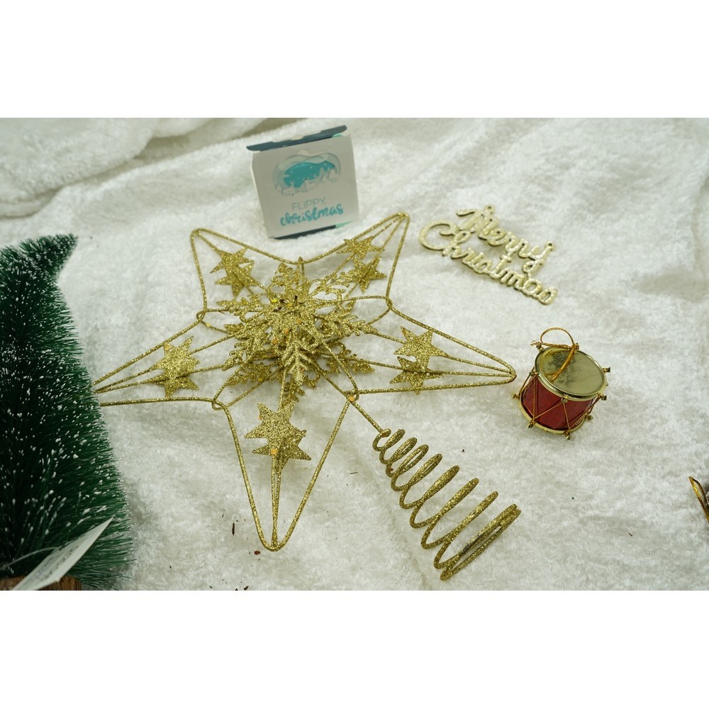 Varf decorativ de brad, Auriu, in forma de Stea, design de stele, din Plastic/Metal, 25 cm x 27 cm, Interior/Exterior,  [7]