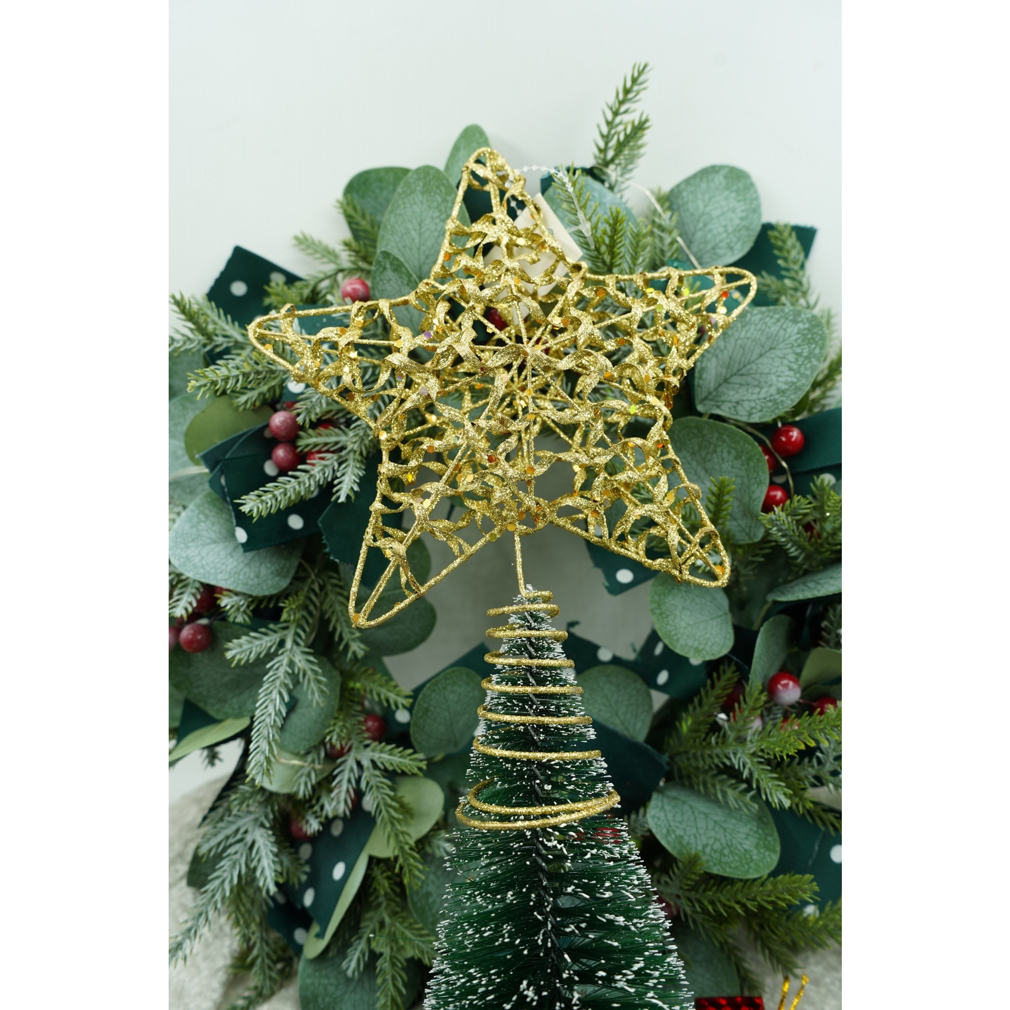 Varf decorativ de brad, Auriu, in forma de Stea, design cu paiete, din Plastic/Metal, 18 cm x 23 cm, Interior/Exterior,  [5]