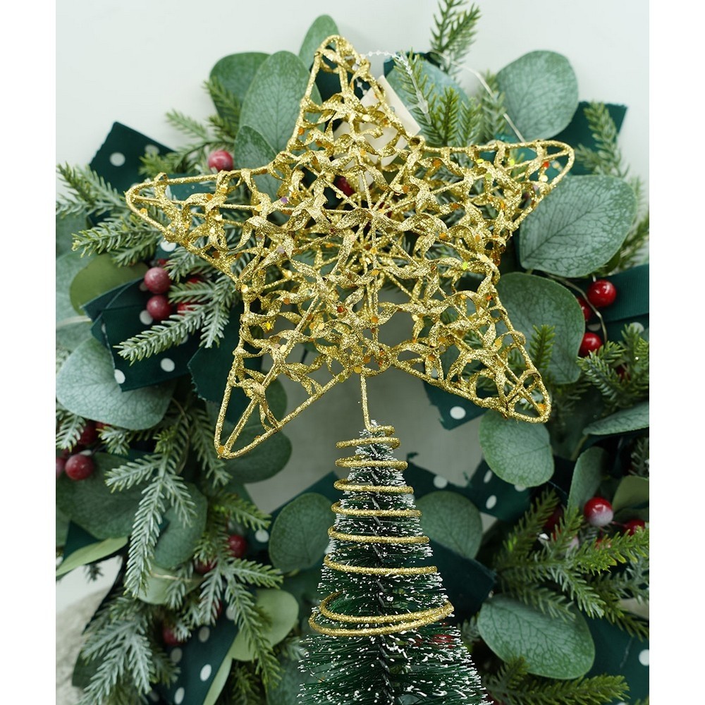 Varf decorativ de brad, Auriu, in forma de Stea, design cu paiete, din Plastic/Metal, 18 cm x 23 cm, Interior/Exterior,  [10]