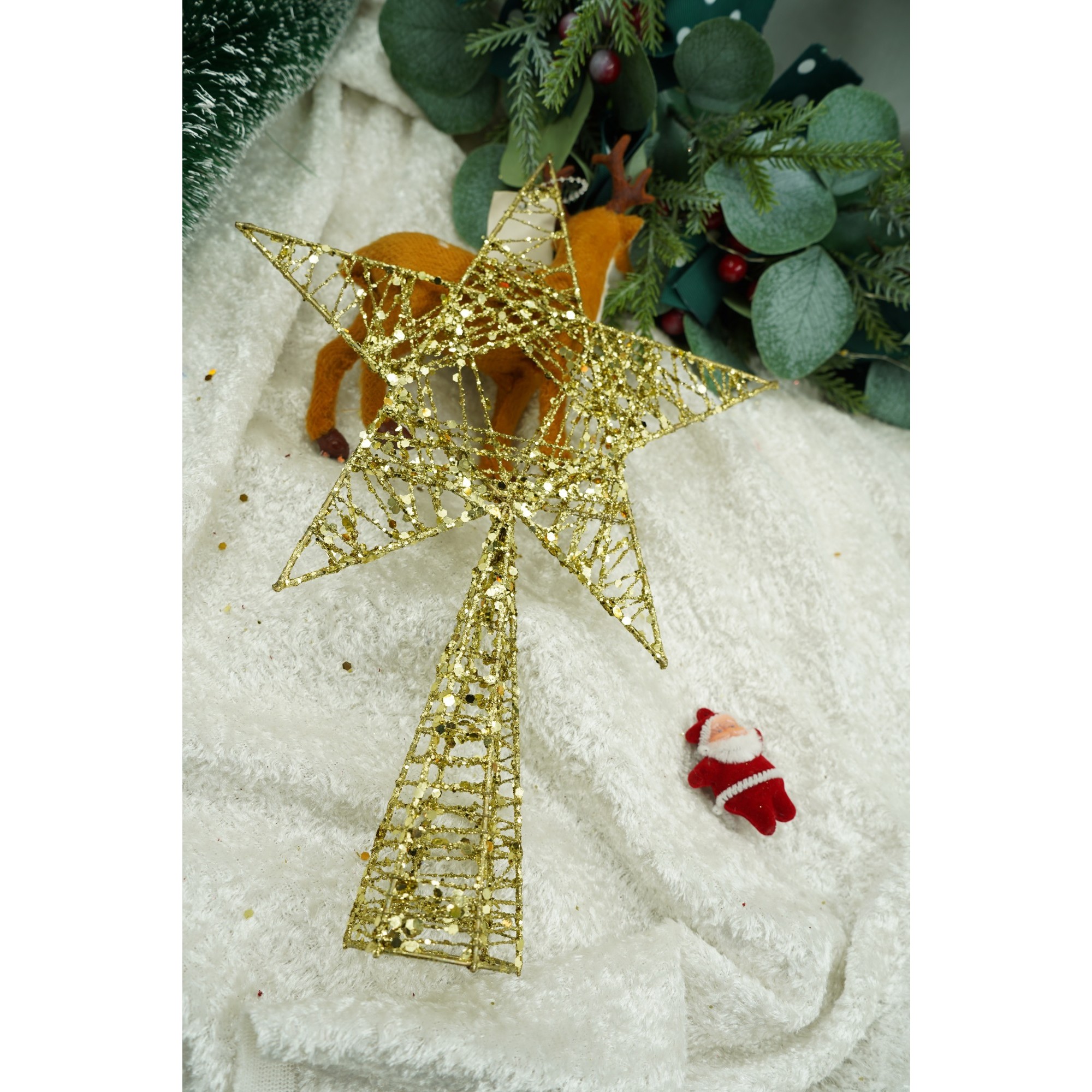 Varf decorativ de brad, Auriu, in forma de Stea, infasurata, din Plastic/Metal, 20 cm x 28 cm, Interior/Exterior,  [3]
