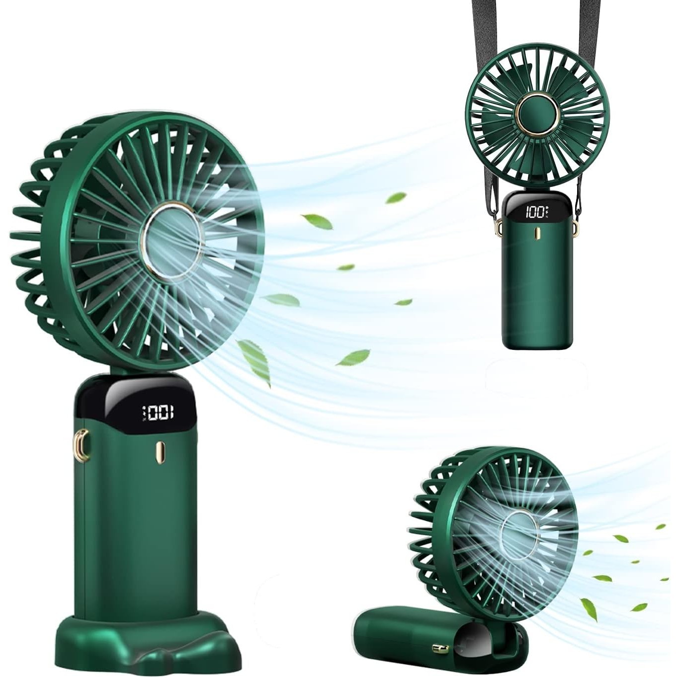 Electronice - Ventilator Ultra Portabil cu Aromaterapie, , 3 in 1, de Mana, de Birou, de Gat, 5 Trepte de Viteza, Incarcare USB, Autonomie 12h, Pliabil, cu Ecran LCD, Verde